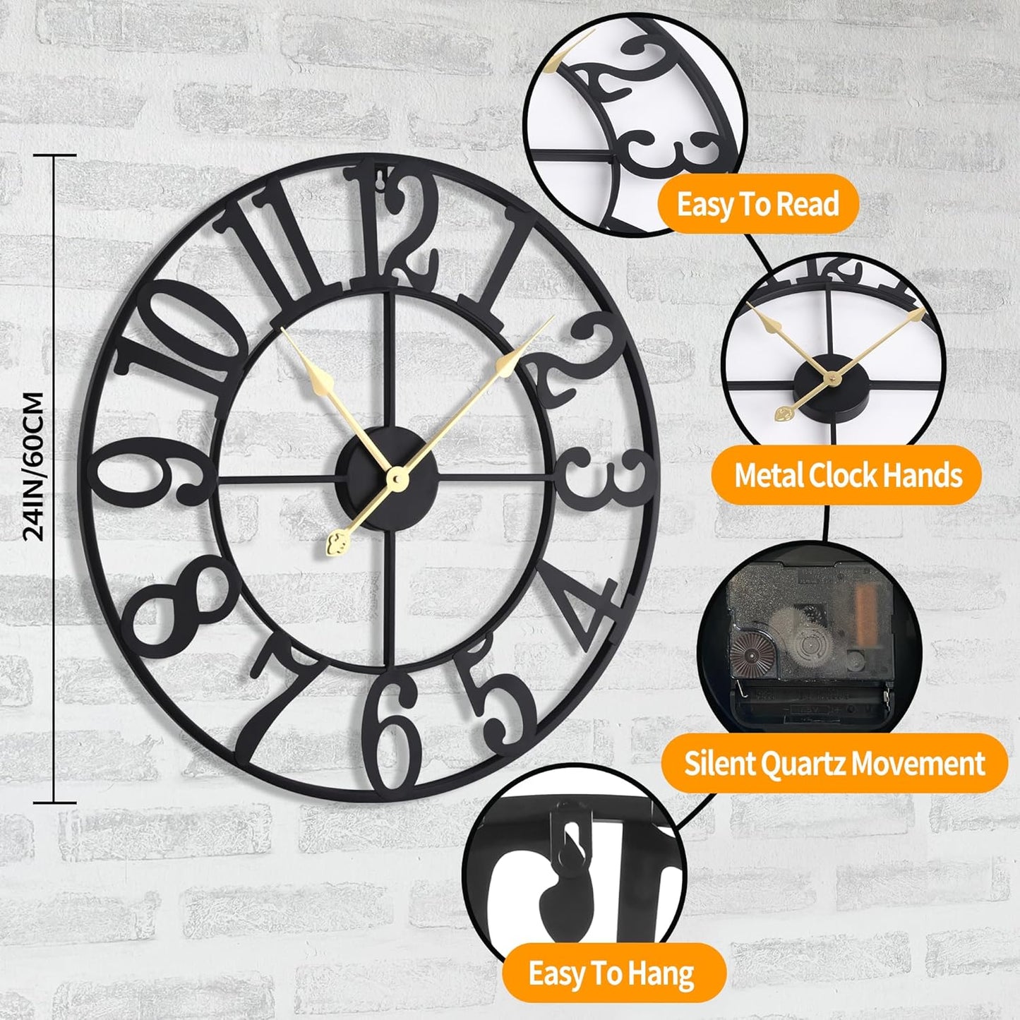 LEIKE Large Wall Clock, 24" Silent Non-Ticking, Battery Operated, Oversized, Decorative Retro Black Metal Clock for Living Room,Farmhouse, Dinner Room,Indoor, Outdoor Decor(60cm, Black Arabic Number)