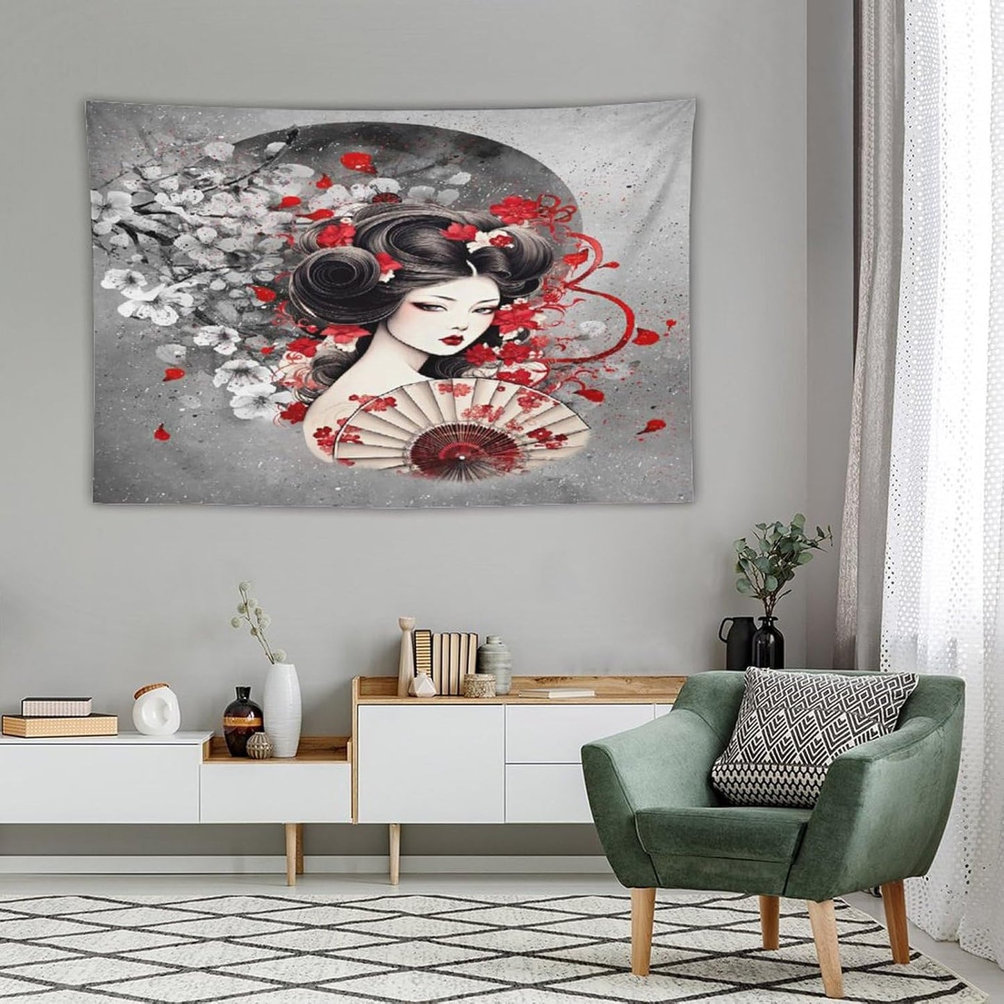 Japanese Geisha Tapestry Asian Red Cherry Blossom Red Sun Traditional Kimono Folk Tapestries Home Decor for Living Room Bedroom Apartment Farmhouse Dorm 90"x60"