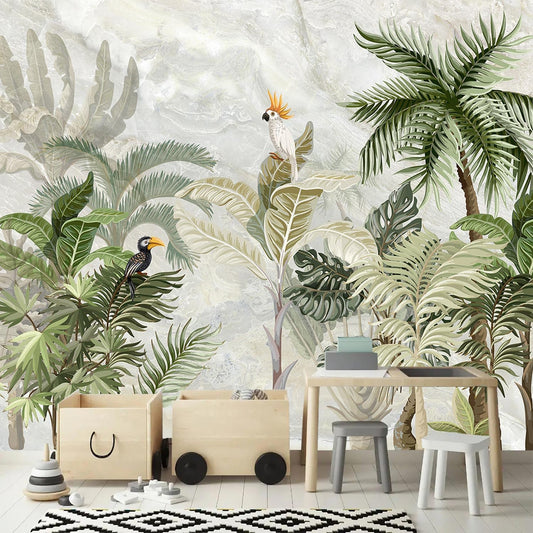 AFZEVEB-Green Forest Nursery Wallpaper Tropical Parrots Wall murals for Kids Room 136"x96" (Not Peel and Stick)