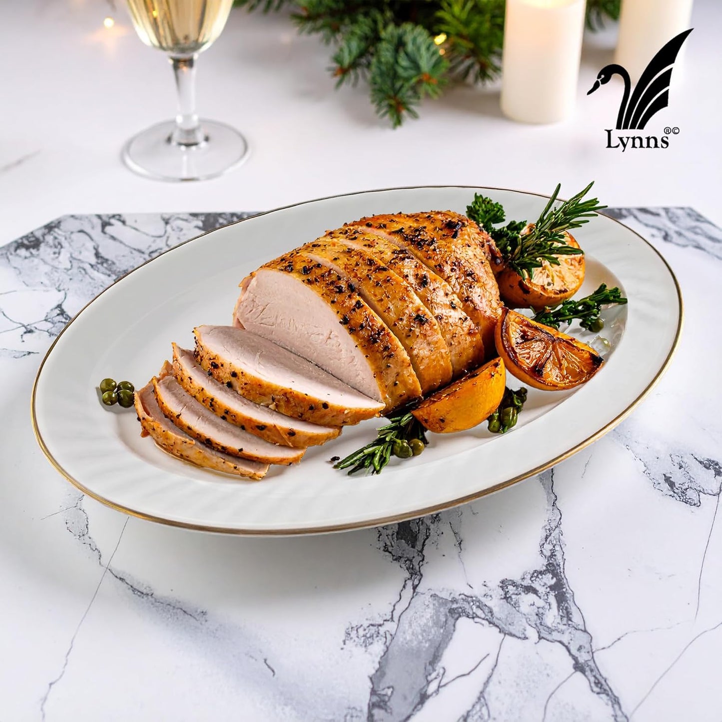 Lynns Paradise Imperial Gold 14-Inch Oval Platter, Set of 2, White; Heavy Duty; Chip Resistant; Lead and Cadmium Free; Freezer to Oven Safe up to 500°F