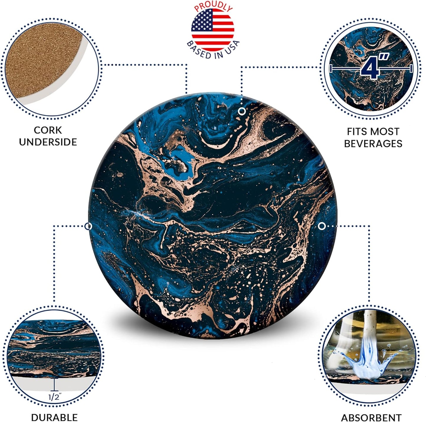 Emerson Coasters for Drinks Absorbent – Natural Stone Drink Coasters Set with Holder, Coasters for Coffee Table, Wooden Tabletop Protection Marble Style – 100% Heavy Duty Set of 6 (Royal)