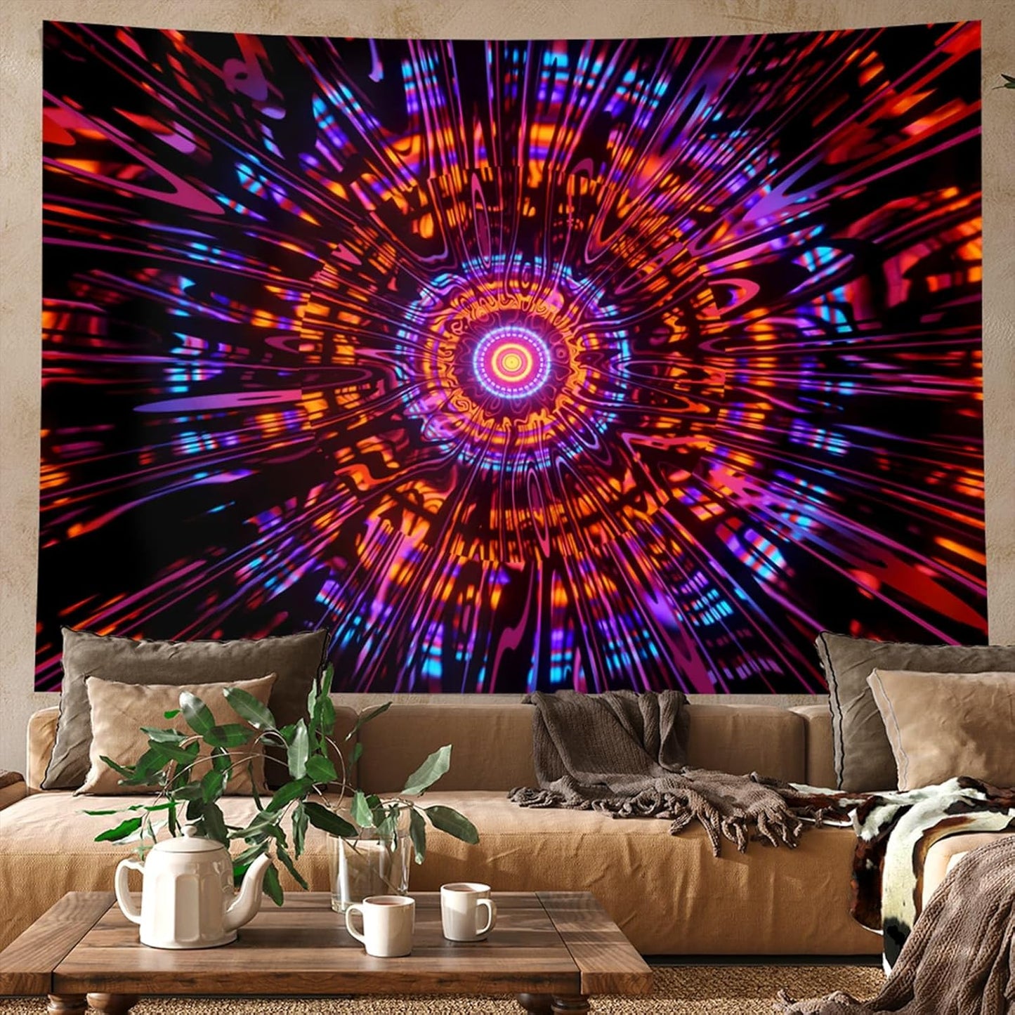 PSYHILAR Blacklight Mandala Tapestry for Bedroom, Psychedelic Black Light Posters for Adults and Teens, Colorful UV Reactive Aesthetic Bohemian Art Wall Hanging Decor Red and Purple (80 x 60 Inches)