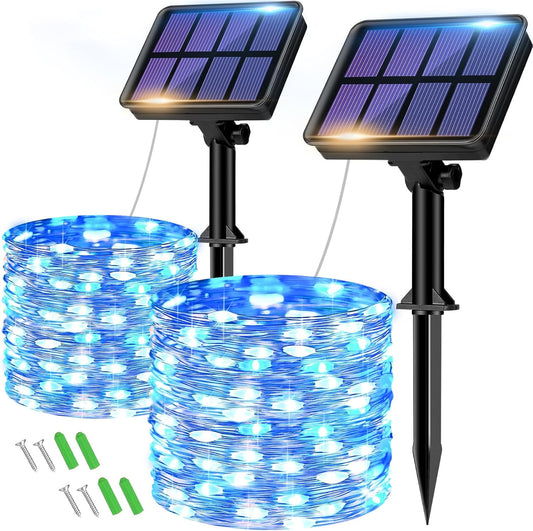 2 Pack Solar String Lights Outdoor - 160LED 66FT Solar Fairy Lights Waterproof 8 Modes, Copper Wire Solar Powered Twinkle Lights for Outside Tree Garden Christmas Wedding Party Decor (Blue White)