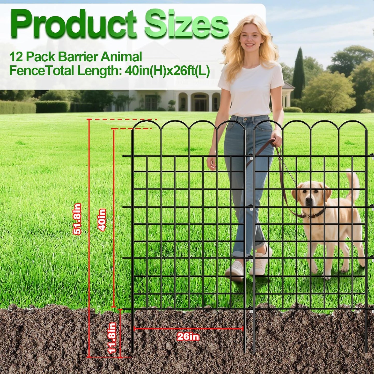 12 Panels Tall Garden Fence Animal Barrier with Gate - 40 in H x 26 ft L, Dog Fence Outdoor for Yard, Rustproof Metal Temporary Fences for Dogs Rabbits, No Dig Pet Fences for Garden, Patio, Flower Bed