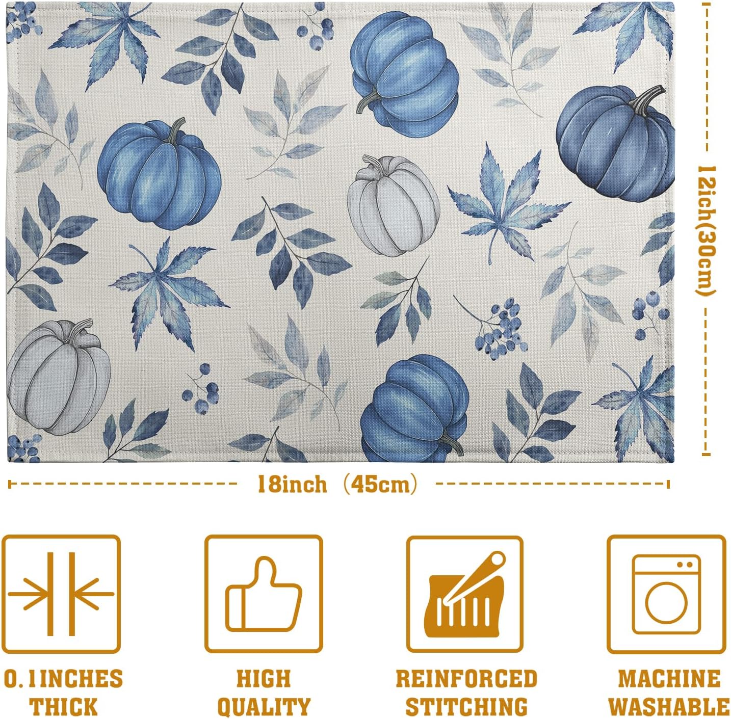 Blue Pumpkin Maple Leaves Fall Placemats Set of 4 Autumn Thanksgiving Harvest Linen Place Mat Non Slip Heat Resistant Washable Table Mats for Party Kitchen Dining Decoration