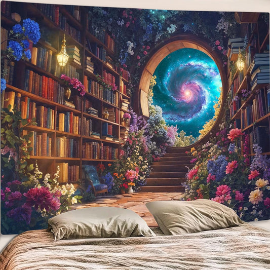 Accnicc Floral Bookshelf Tapestry Fantasy Library Tapestries Wall Hanging Vintage Plant Flower Book Extra Large Tapestry for Bedroom Living Room Dorm 90 x 68 inch