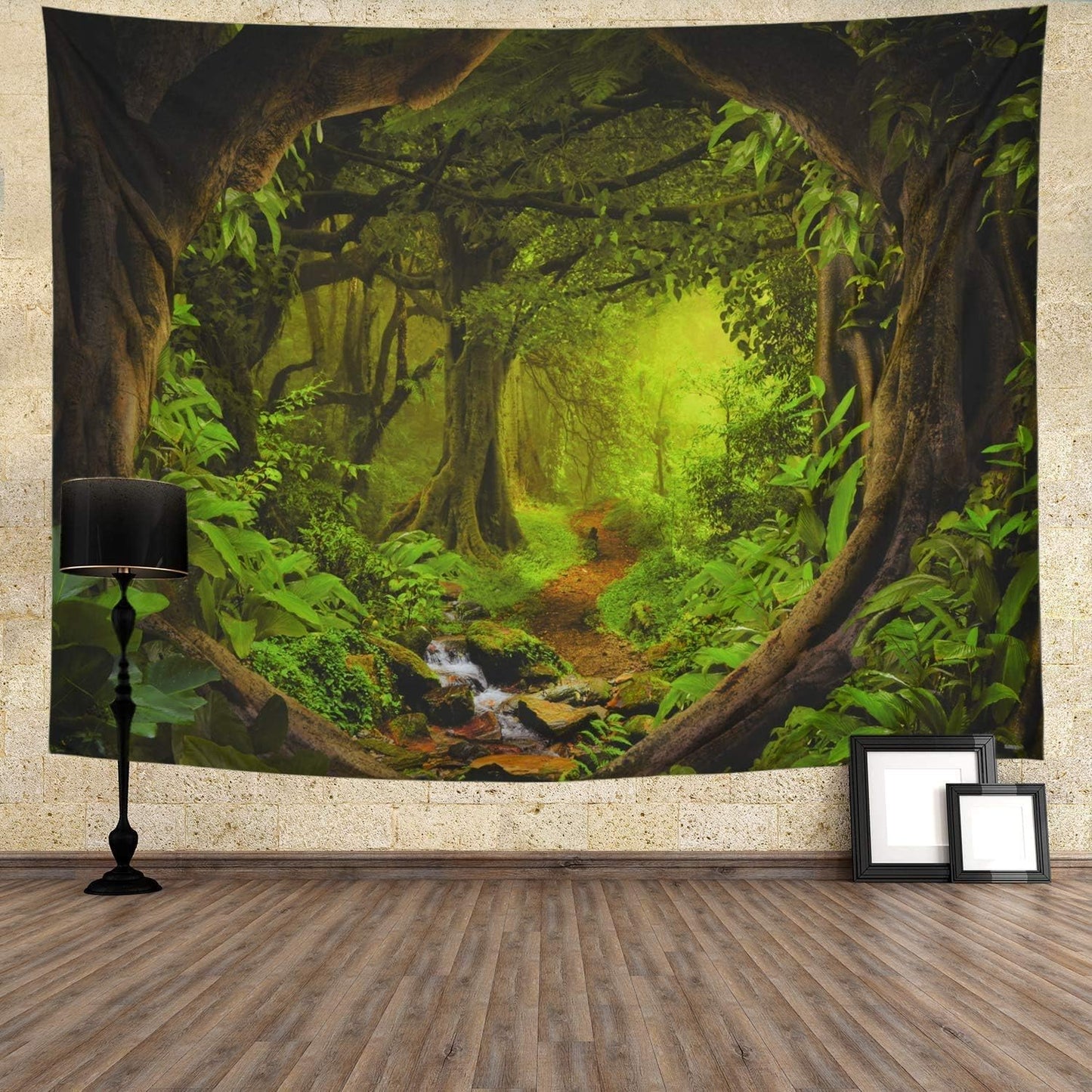 Tushelia Forest Nature Tapestry - Tree Cave Wall Hanging, Misty Forest Stream Through Rainforest Landscape, Jungle Creek Psychedelic for Living Room