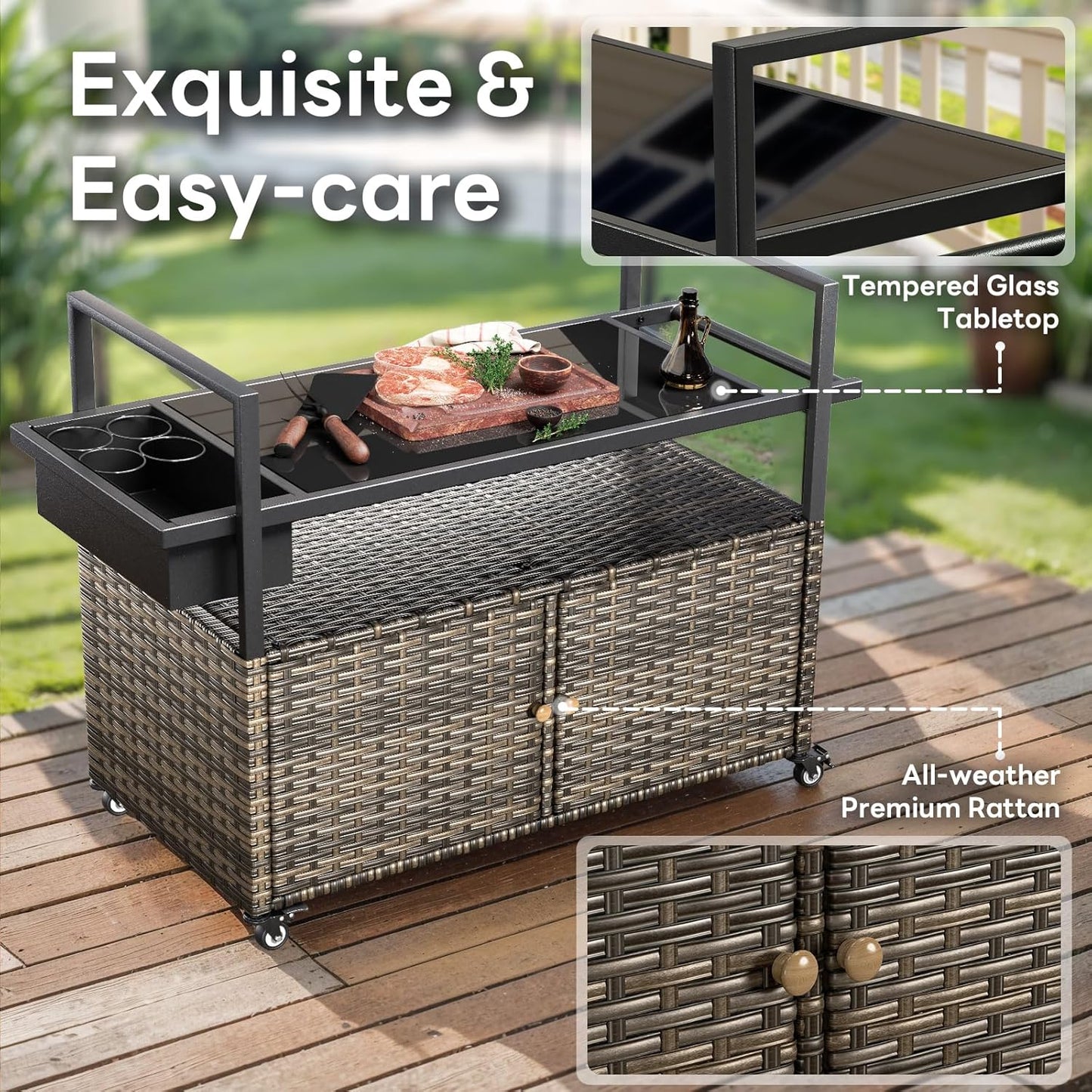 Outdoor Bar Cart with Storage Cabinet, Patio Bar Table with Tempered Glass Tabletop, Outdoor Serving Grill Cart with Rolling Wheels, Rattan Bar Cart for Patio, Backyard, Grey Wicker