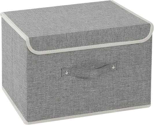 Storage Boxes, Collapsible Storage Bins with Lids, Cotton and linen cloth Storage Baskets with Handle, for Books, Closet, Bedroom, Home, 15x9.8x9.8 in, Grey