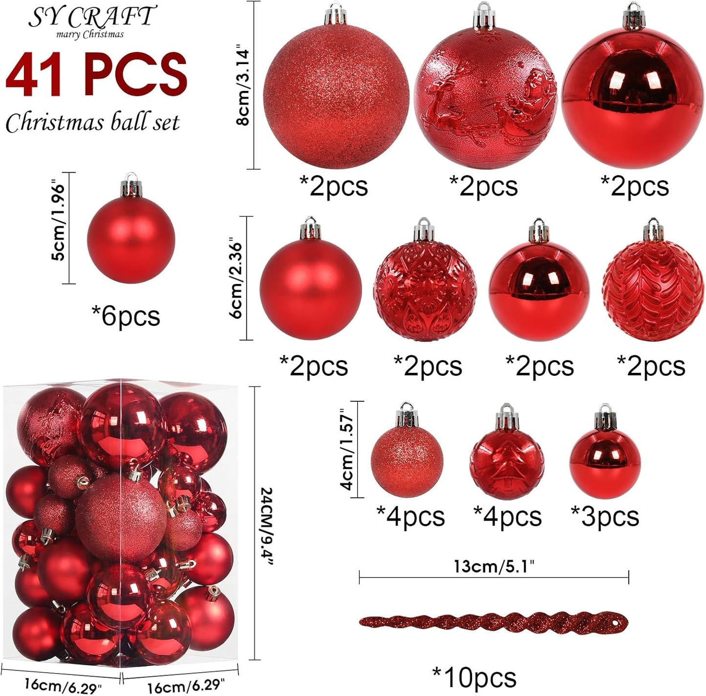 41PCS Christmas Ball Ornaments for Christmas Tree Decorations, Xmas Tree Red Shatterproof Ball Ornaments with Hanging Loop for Holiday and Party Decoration