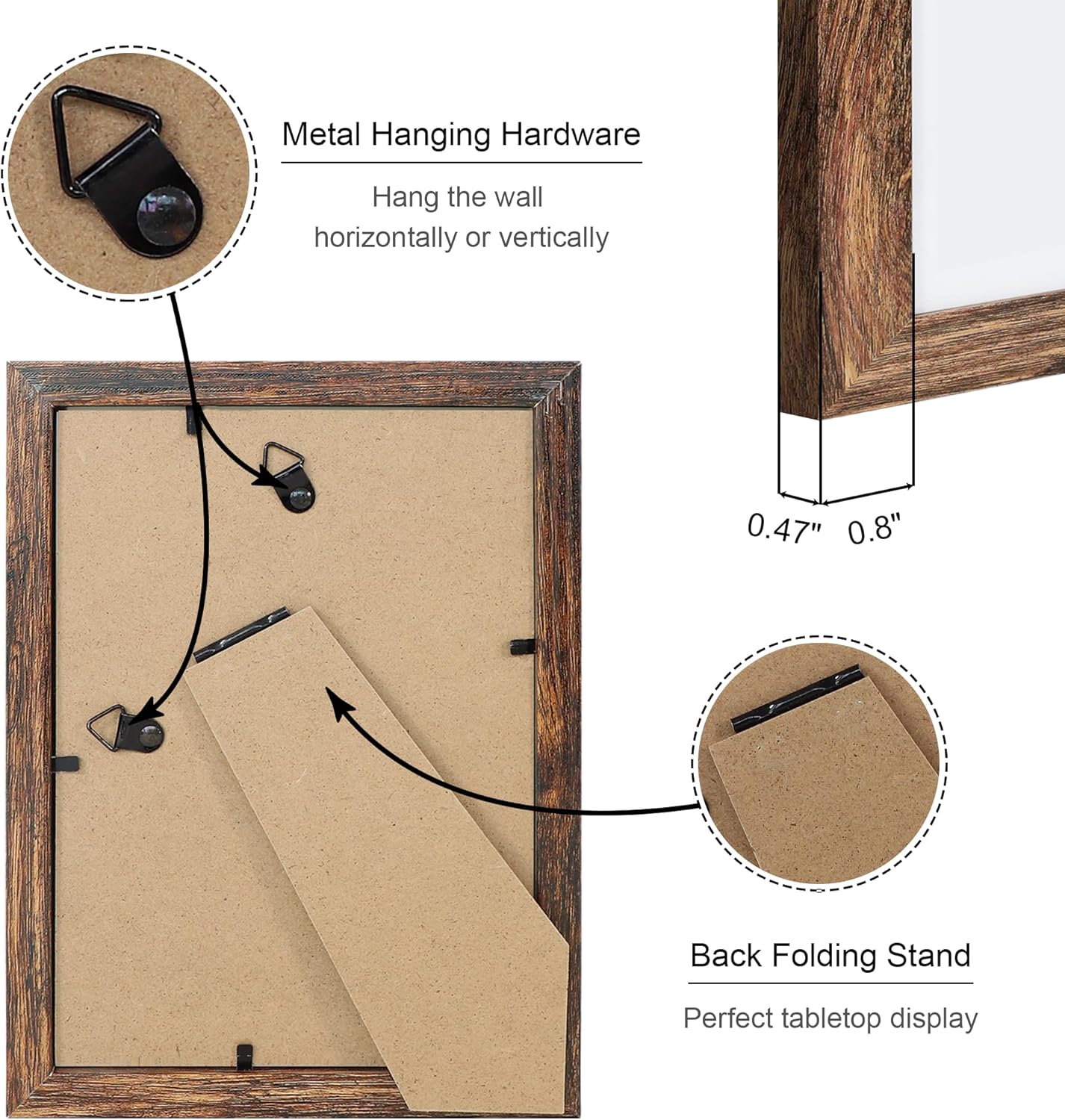 5x7 Picture Frame Set of 4, 5 x 7 Wood Photo Frames with Mat for 4x6, Natural Wooden Frame with Real Glass Cover for Wall and Tabletop Display,Rustic Brown