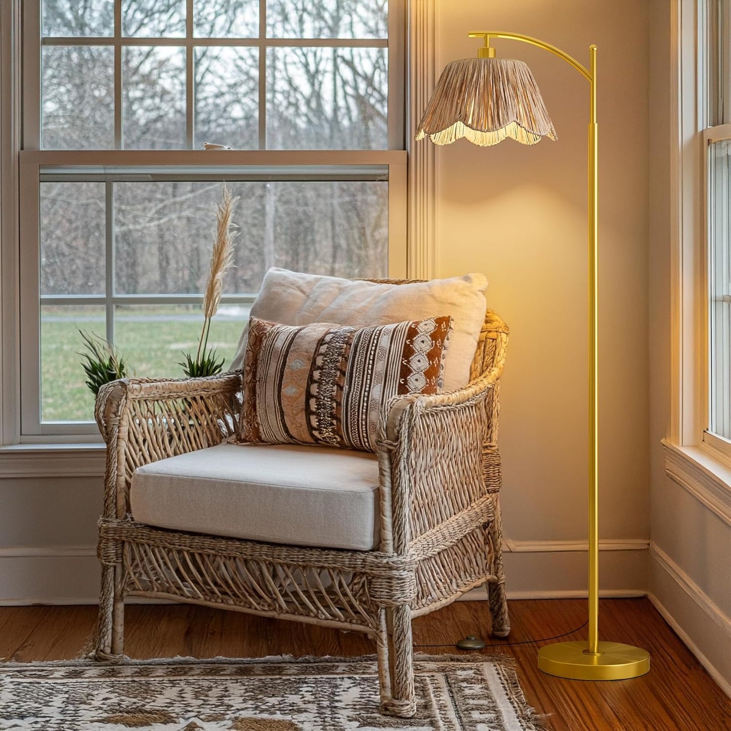 Oneach Boho Floor Lamp with 3 Color Temperatures, Farmhouse Floor Lamps for Living Room with Remote & Dimmable Bulb, Rattan Floor Lamp for Bedroom, Gold