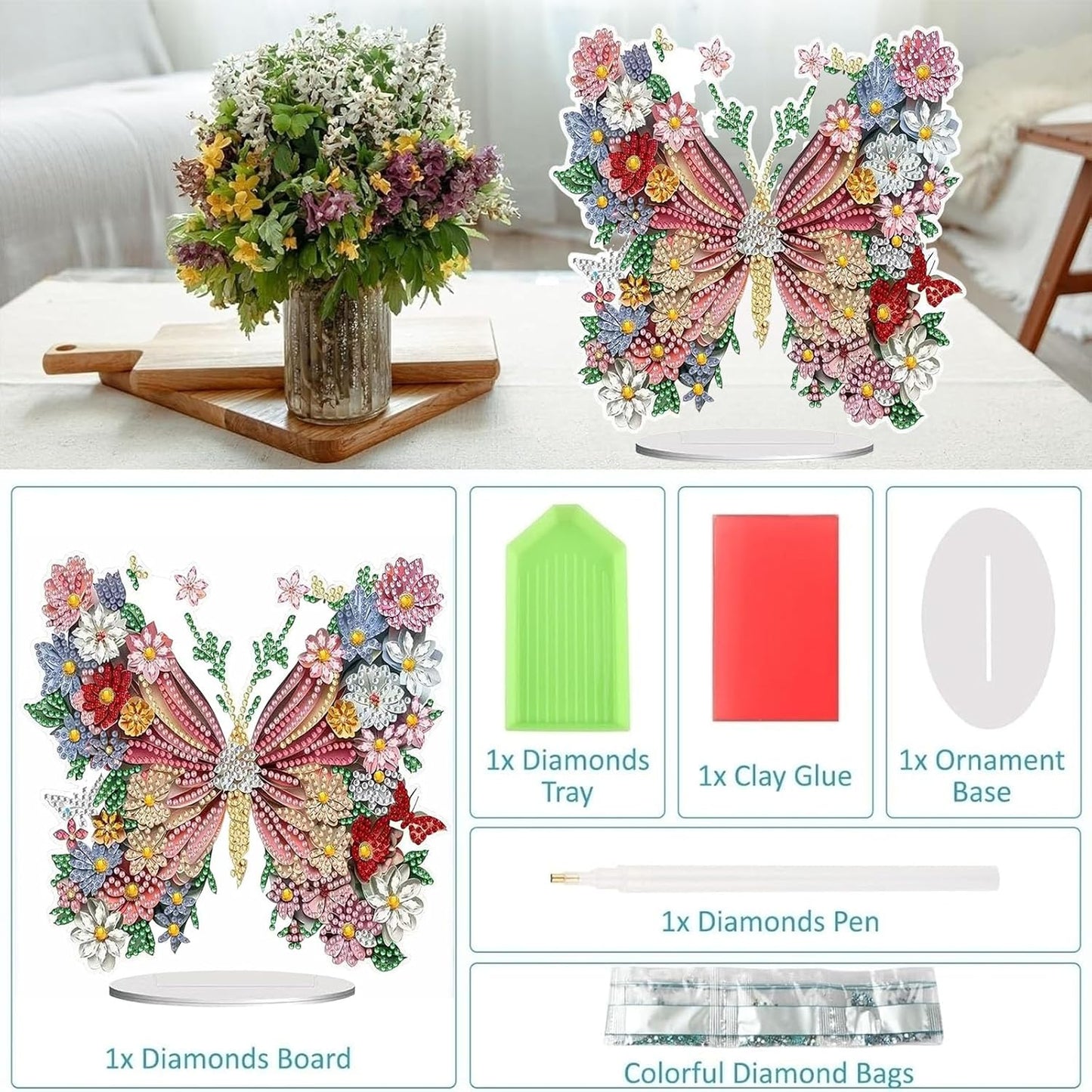 Diamond Painting Kits for Adults Beginners, 5D Full Drill Flowers and Butterflies Crystal Art Desktop Ornament, DIY Single Sided Home Office Desk Decor, Creative Craft Gift Set with Tools