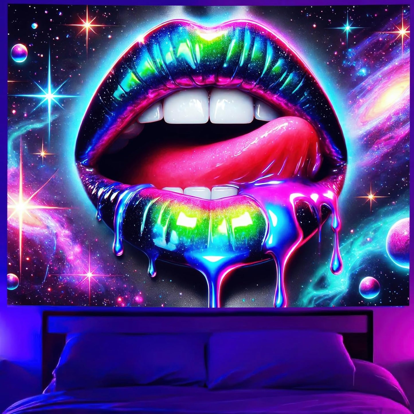 BlissYard Blacklight Tapestry UV Reactive Tapestry Wall Hanging 78x59 Inches Cosmic Rainbow Lips Wall Hanging, Fluorescent Art Decoration for Bedroom, Living Room, and Parties