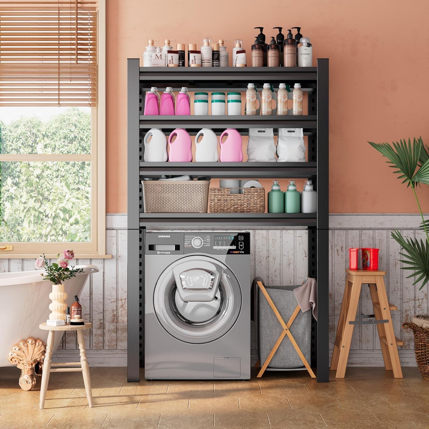 Over Washer and Dryer Shelves,4 Tiers Laundry Room Standing Shelf,Laundry Room Storage Organization,Adjustable Metal Shelving Unit,35" W x 12" D x 63" H, Black