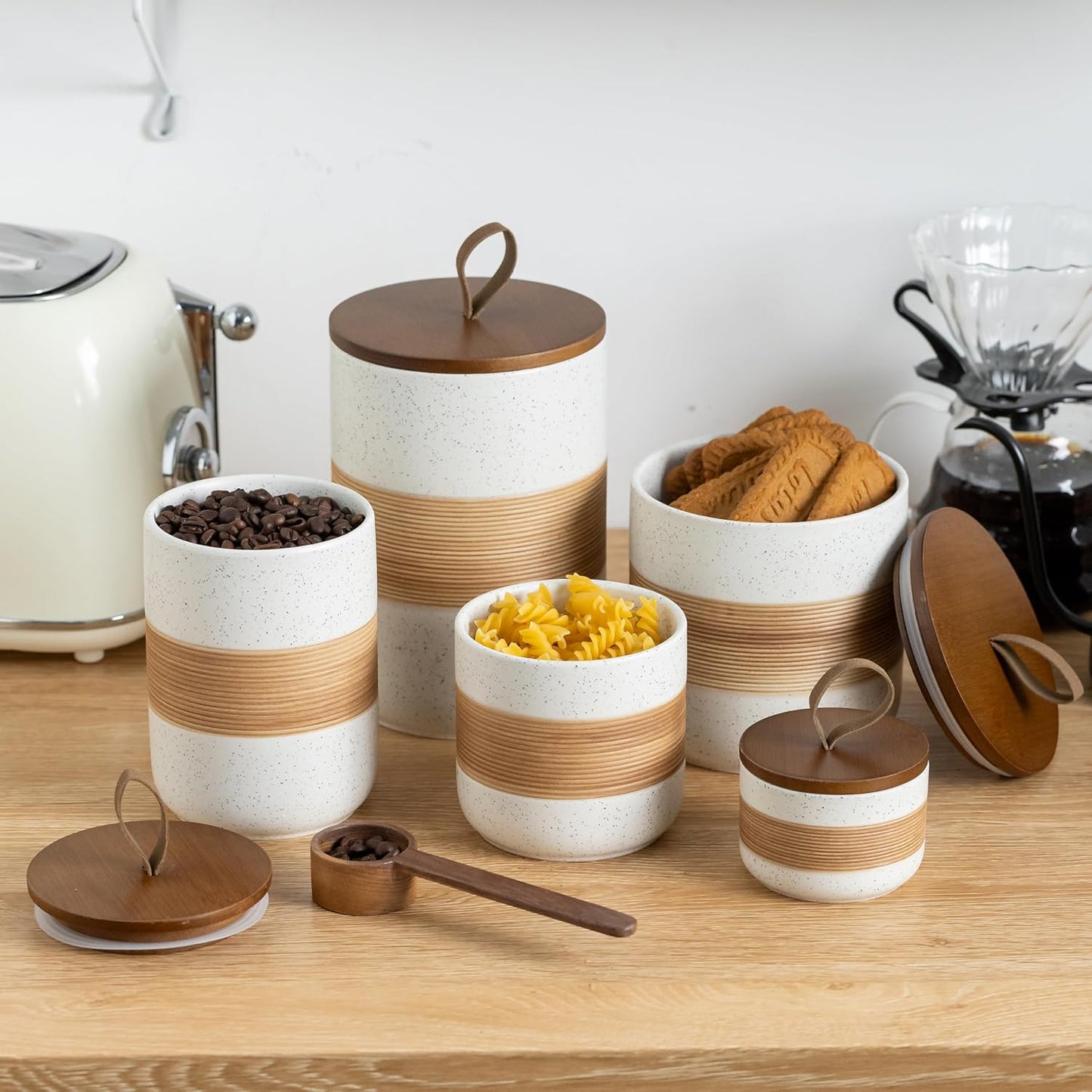 Spice Jars with Lid, Coffee Container Kitchen Food Storage Jars for Spice Sugar Tea Bag, Stackable Decorative Jars for Countertop, White & 37oz