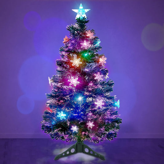 Prsildan 3 FT Artificial Christmas Tree, Pre-Lit Optical Fiber Xmas Trees with Multicolor LED Lights, Snowflakes & Top Star, Lighted Christmas Tree Holiday Home Decor