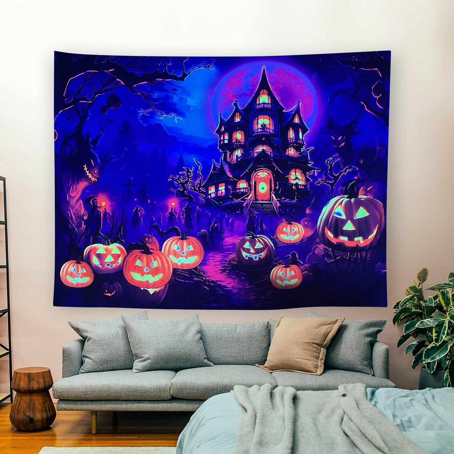 OSVINO Blacklight Halloween Castle Tapestry 79"x59" Pumpkins Ghosts Background Bedroom Aesthetic Hippie Room Decor Glow in The Dark Wall Poster for Halloween Easter
