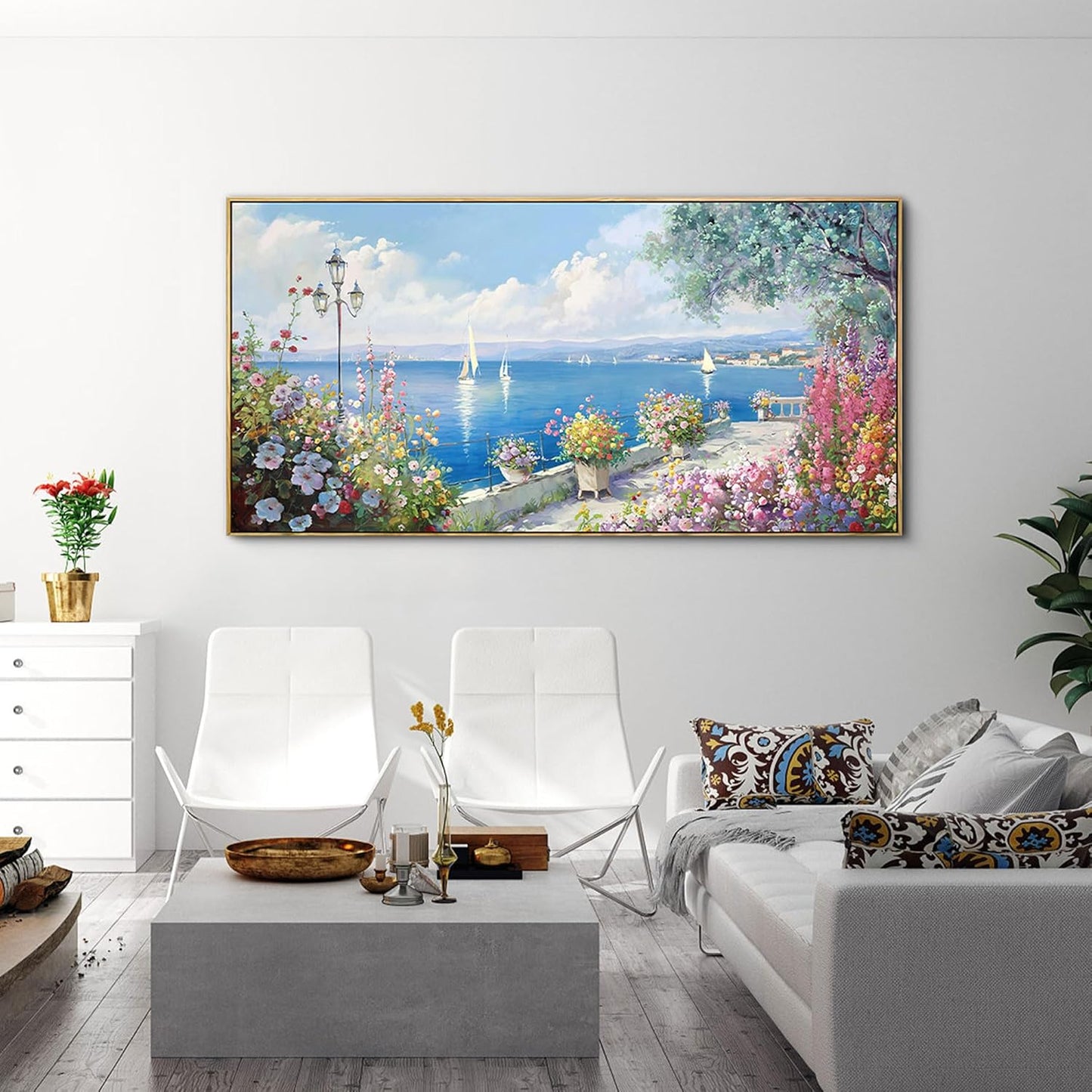 XLSJERST Large Coastal Wall Art - Ocean Seascape Canvas Yellow Green Flowers Painting Landscape Sailboat Picture Artwork Modern Large Framed for Living Room Bedroom Home Office Decor 24x48