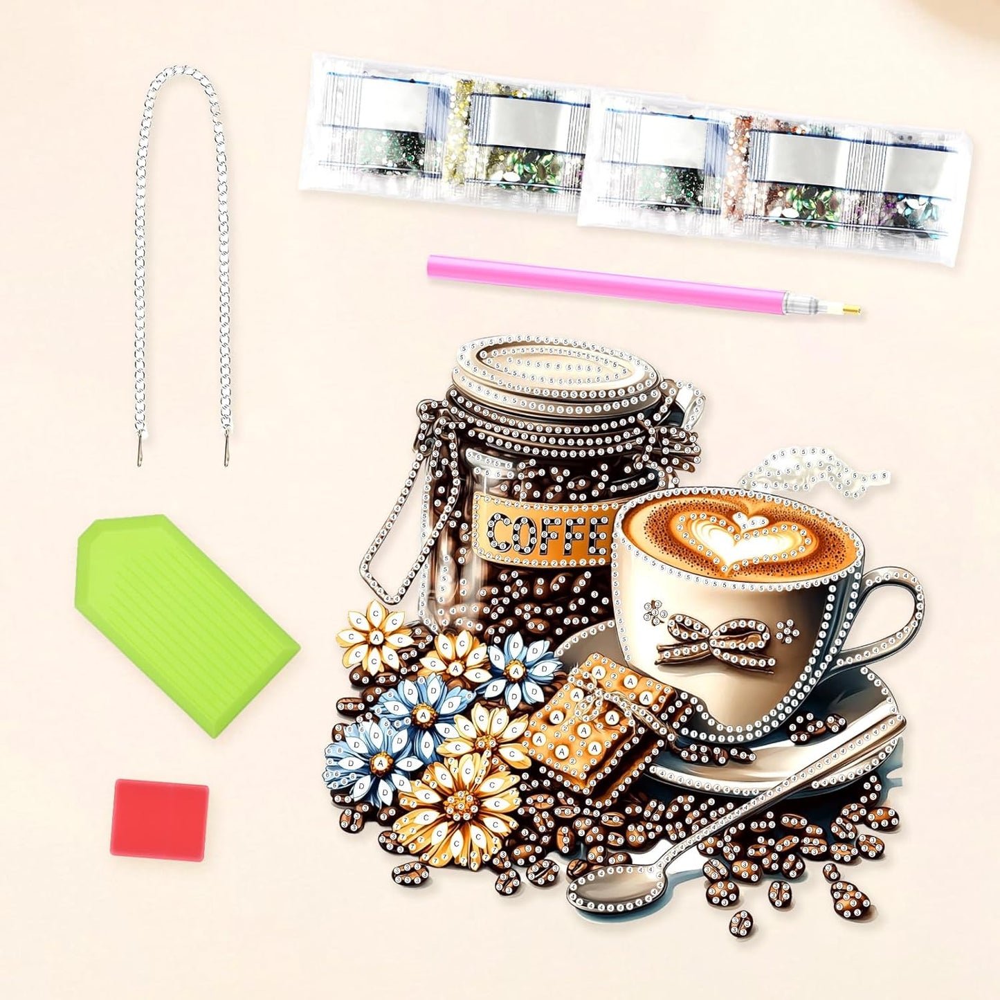 Lxmsja DIY Coffee Beans Diamond Painting Hanging Ornament, Double-Sided Acrylic Flowers Diamond Art Kit, Special Shaped Drill Pendant Window Art Kit, Suncatcher Hanging Craft Decoration 8x8 inch