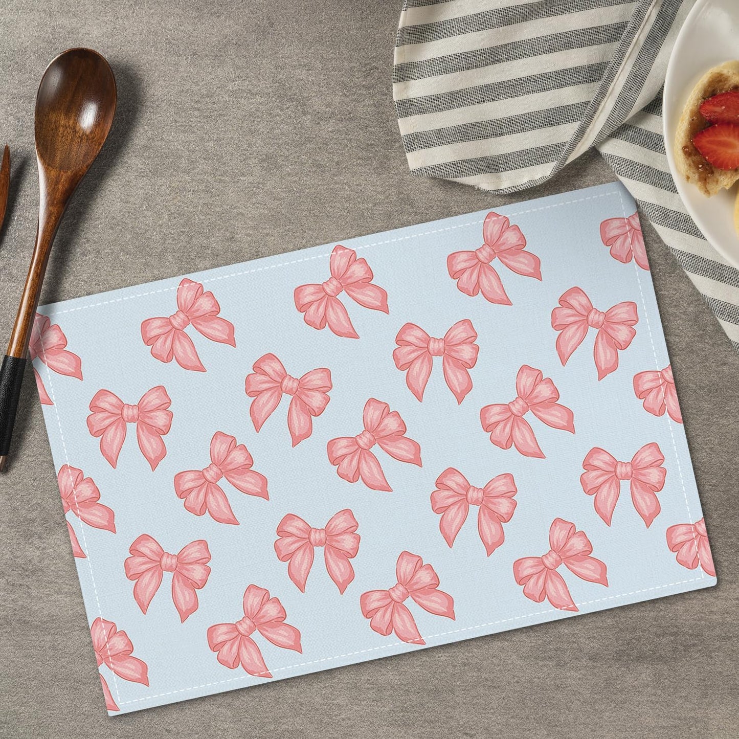Pink Bow Placemats Set of 4, Blue Table Mat for Home Kitchen, Restaurants, Outdoor Linen Washable Place Mats 12x18 inch Party Event Dining Decoration-04