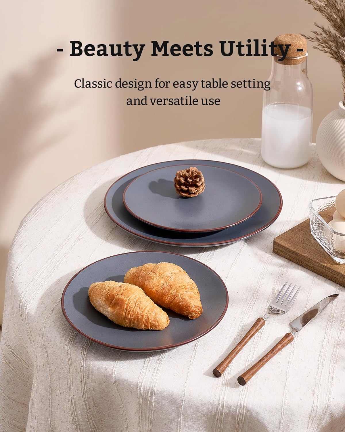 Famiware Venus Plates and Bowls Sets, 18 Pieces Stoneware Dinnerware Sets, Speckled Dishes Set for 6, Microwave and Dishwasher Safe, Matte Charcoal