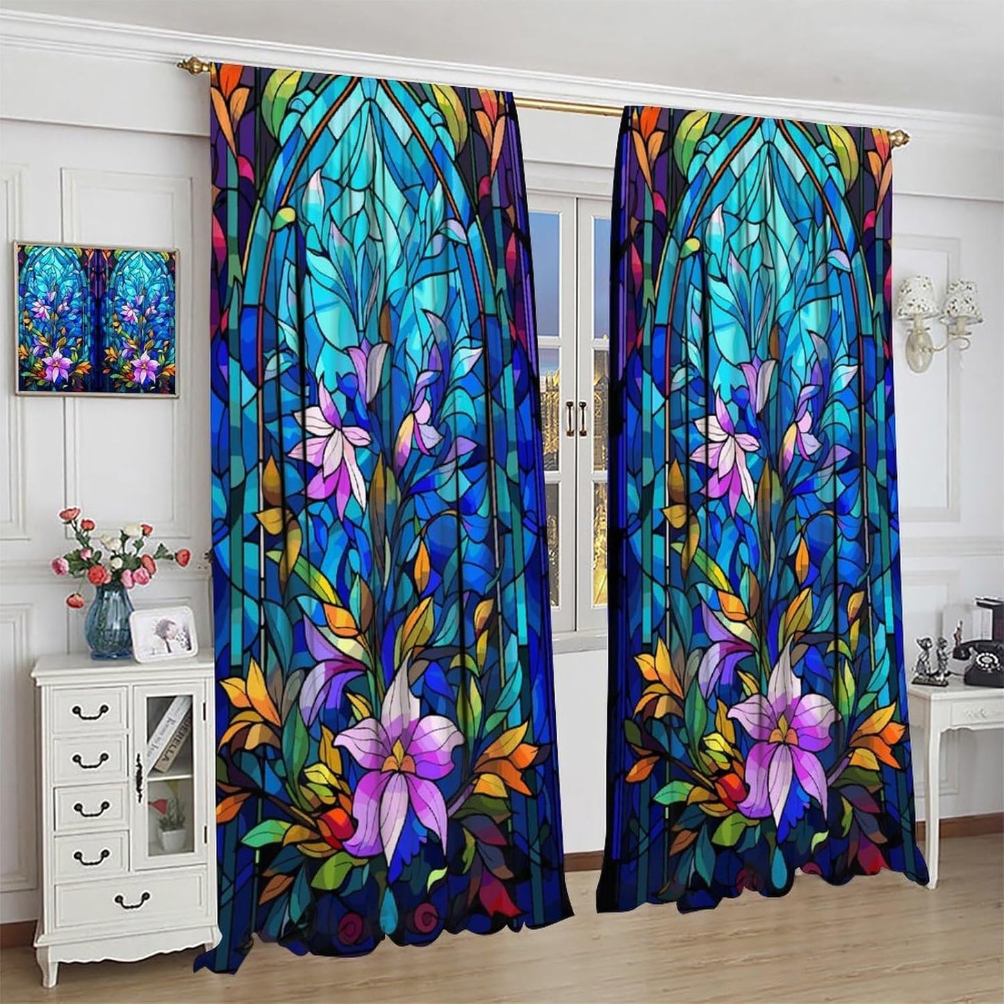Stained Glass Curtains,Abstract Colorful Floral Geometric Art Home Decor Drapes for Bedroom Living Room Kitchen Window Treatment 2 Panels Set Total Size 42" W X 54" L Inch