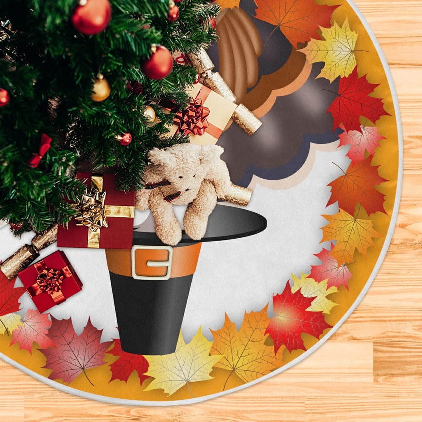 Thanksgiving Turkey Maple LeafTree Skirt, Seasonal Tree Mat Holiday Party Supplies Ornaments Indoor Outdoor Decorations for Tabletop Trees 47.2 Inches