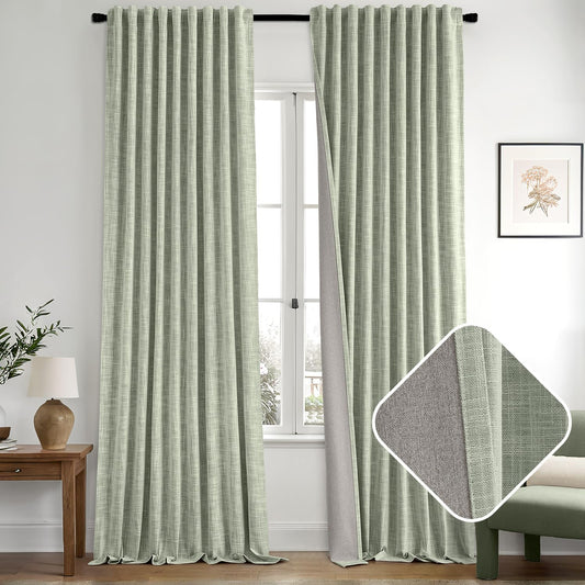 MIULEE Sage Green 100% Blackout Linen Curtain 96 Inch 2 Panel Set Double Sided No Coating Pinch Pleated Back Tab Floor to Ceiling Black out Thermal Insulated Bedroom Living Room Darkening Window Drape