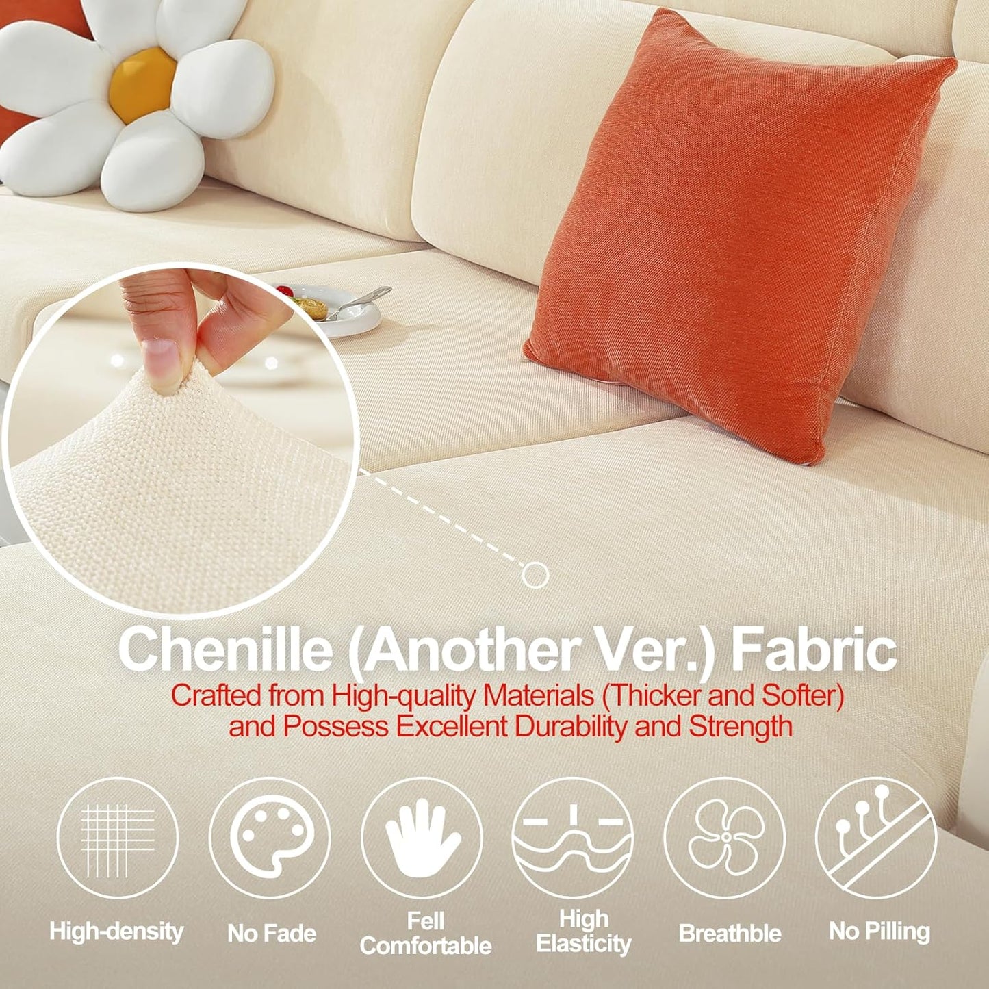 Large Backrest Cushion Covers Super Stretch Backrest Covers for 3 Cushion Couch Sofa, Couch Back Cushion Covers Featuring with Chenille Yarn (Softer Version, 3PC, Beige)