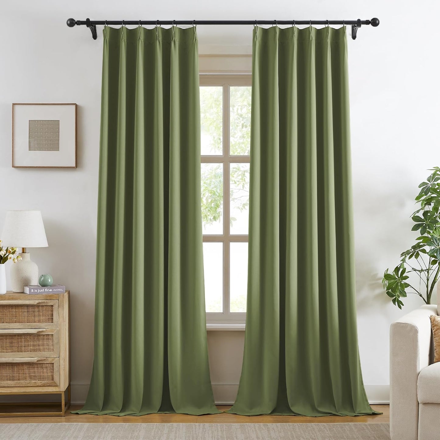 KangBang Pinch Pleat Wide Drapes for Sliding Door 60Wx105L Inches, Room Darkening Privacy Assured Polyester Curtains & Drapes Ceiling to Floor for Locker Room Living Room,2 Panels, Sage Green