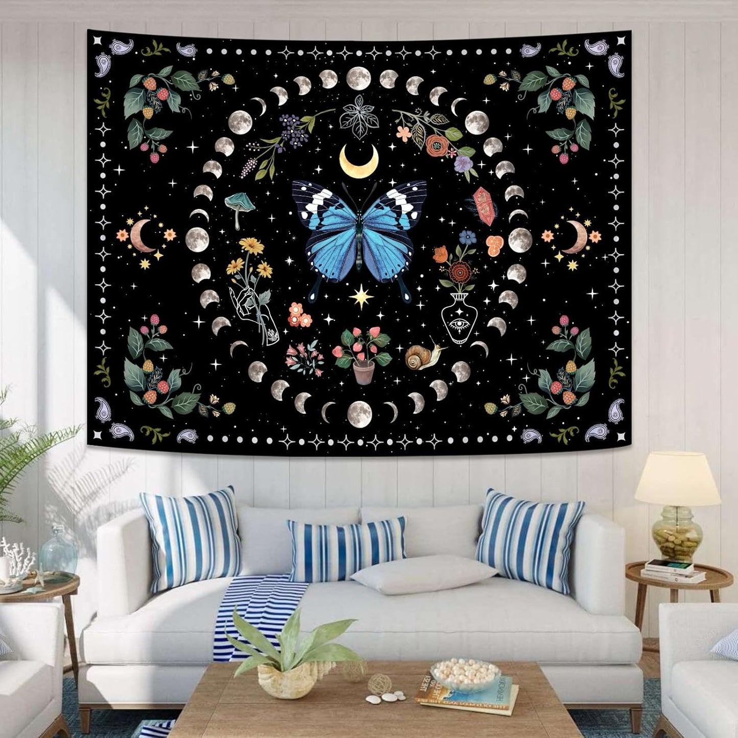Aipon Blue Butterfly Moon Flower Tapestry Botanical Boho Plant Floral Wall Hanging for Bedroom and Living Room (36.00'' 48.00'', Blue)