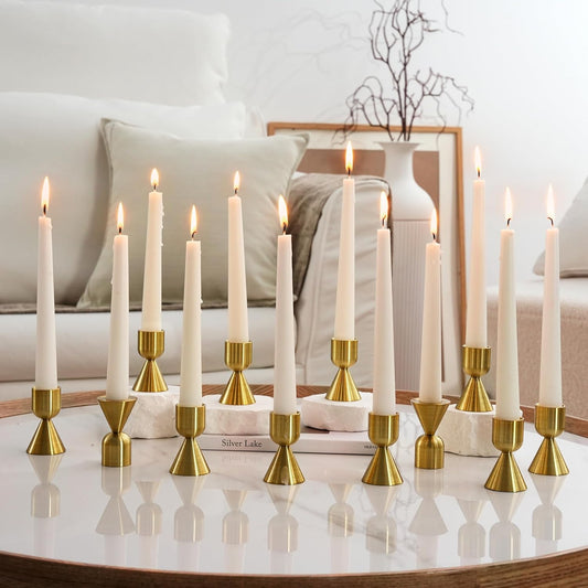 NUPTIO Gold Candlestick Holder Bulk: Set of 12 Brass Taper Candle Stick Holders - Small Aluminium Candleholder for Thanksgiving Birthday Christmas Decor