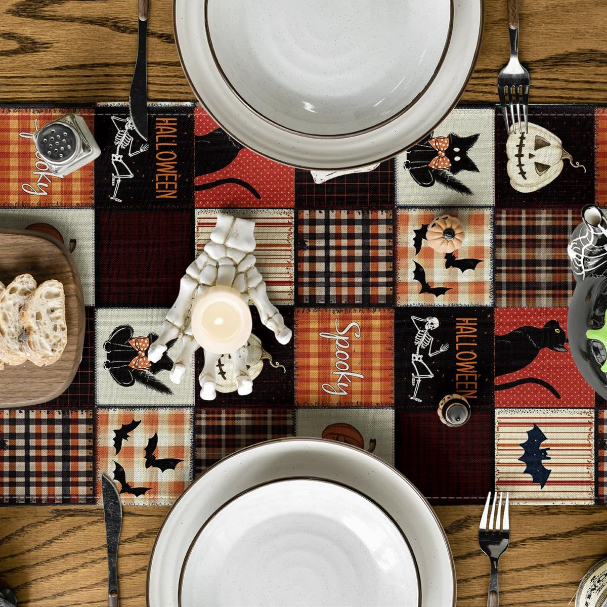 Artoid Mode Black Cat Bat Pumpkin Spooky 210 GSM Halloween Table Runner, Ghost Kitchen Dining Table Decoration for Home Party Decor 13x36 Inch