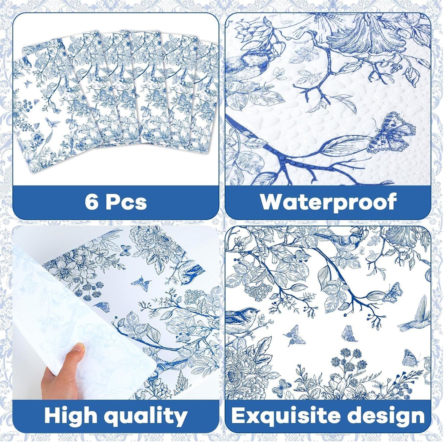 Blue Floral Placemats Set of 6 Flower Bird Plastic Table Mats Seasonal Spring Placemats Chinoiserie Place Mats Rustic Vintage Table Decoration for Indoor Outdoor Party Kitchen Dining