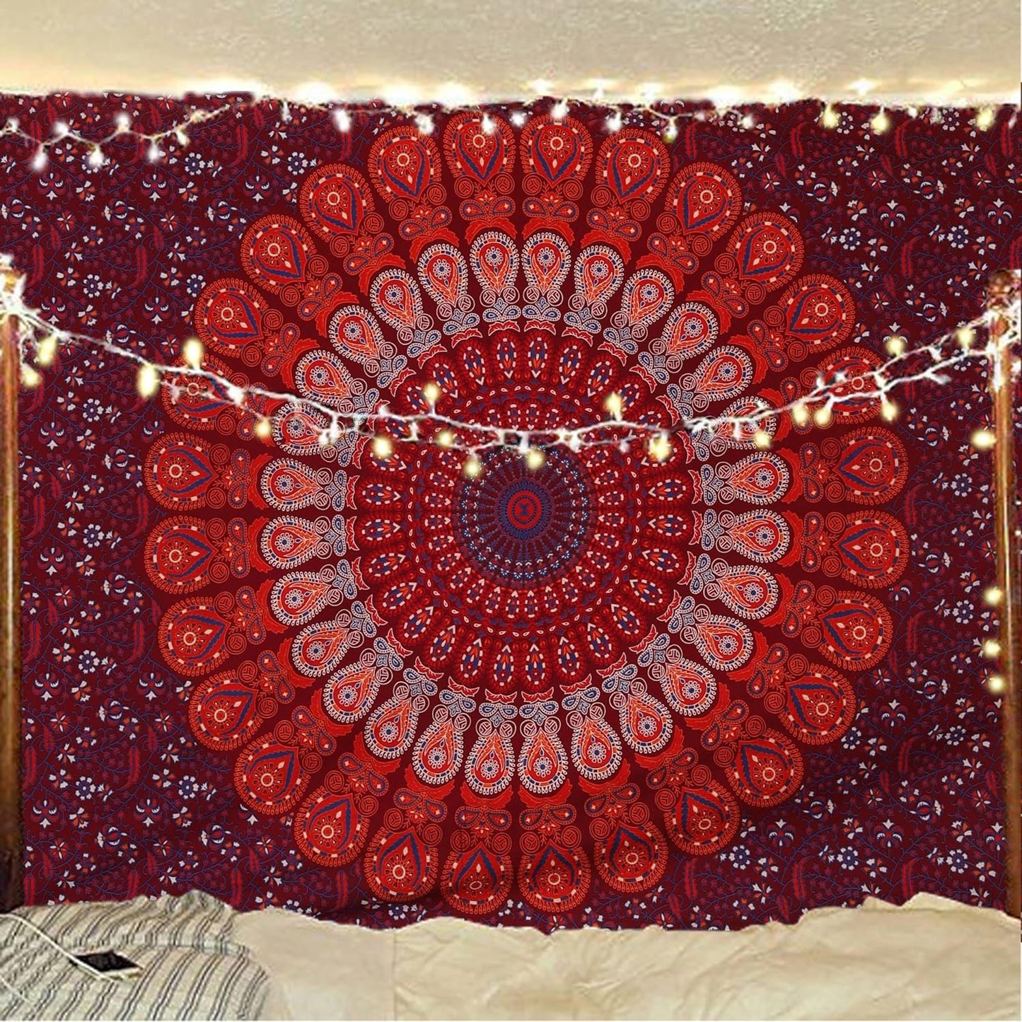 Bless International Handmade Indian hippie Bohemian Psychedelic Peacock Mandala Wall hanging College Dorm Beach Throws Table Cloth Bedding Tapestry (Blue Red, Twin(54x72Inches)(140x185cms))