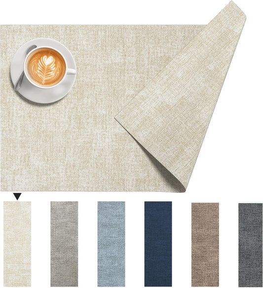 DOLOPL Placemats Set of 6, Reversible Wipeable & Heat Resistant Place Mats, Modern Faux Leather Table Mats for Kitchen, Neutral Waterproof Tablemats for Dining Table Decor, Wedding, Party(Beige)