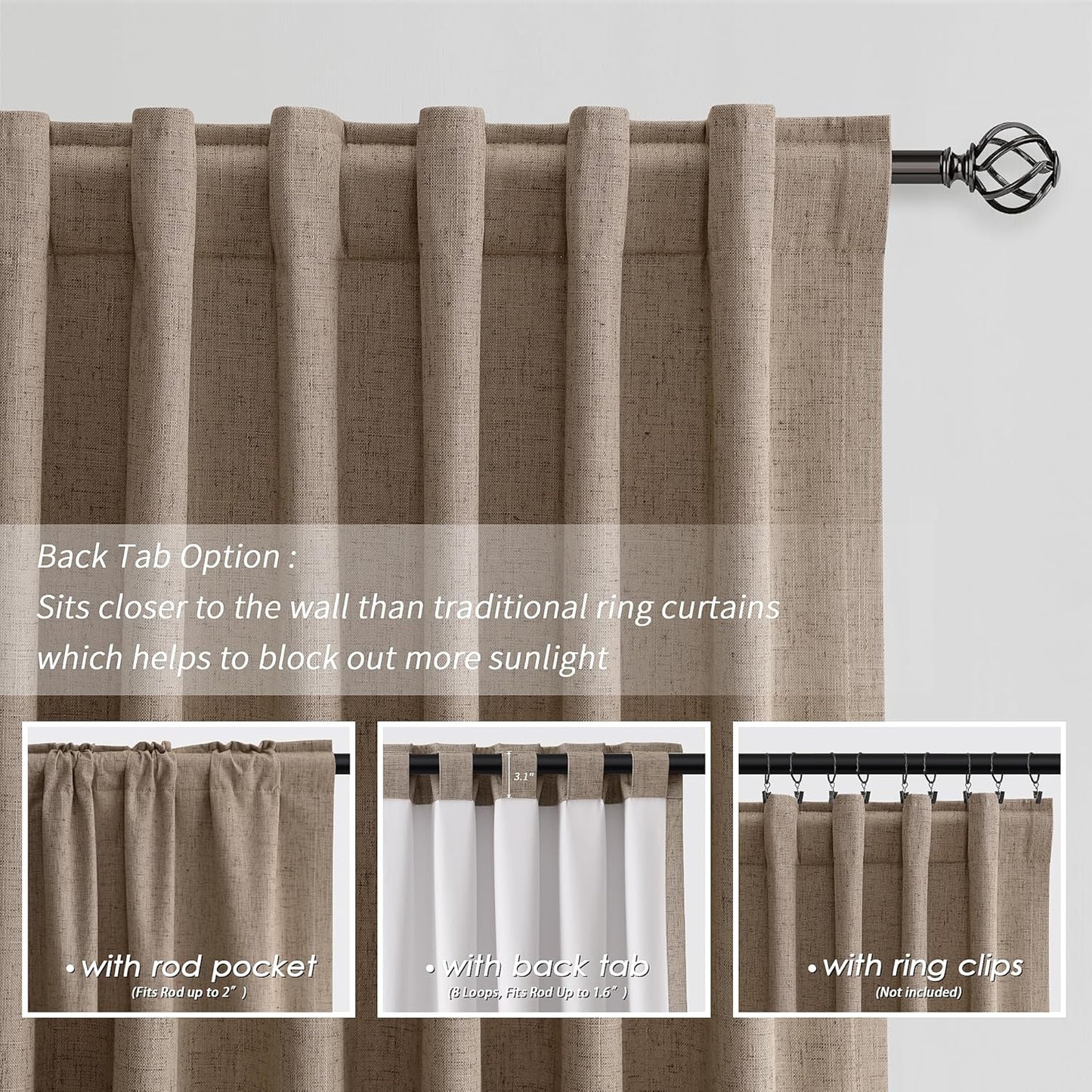 BOODII 63 Inch Blackout Curtains Linen Black Out Curtains for Bedroom 2 Panels Set Neutral Room Darkening Curtain Brown Thermal Insulated Curtain for Nursery Window Drapes Back Tab 52x63