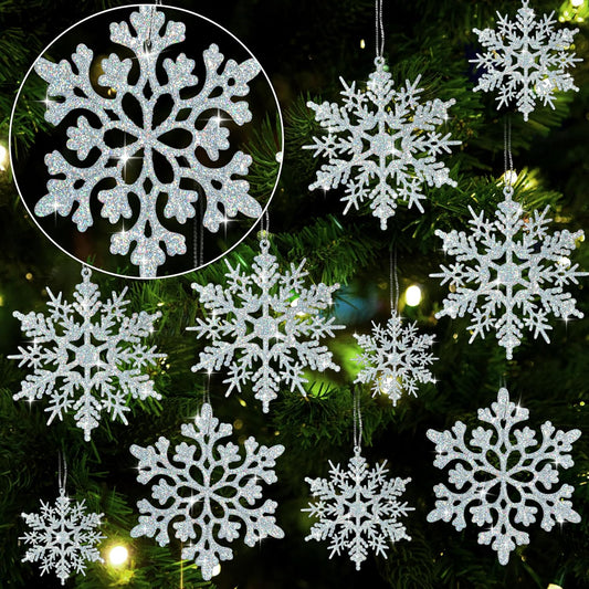 36pcs Iridescent Silver Christmas Snowflake Ornaments, Plastic Sparkling Glitter Hanging Snow Flakes for Christmas Tree Decorations Winter Wonderland Frozen Birthday Party Holiday Home Decor