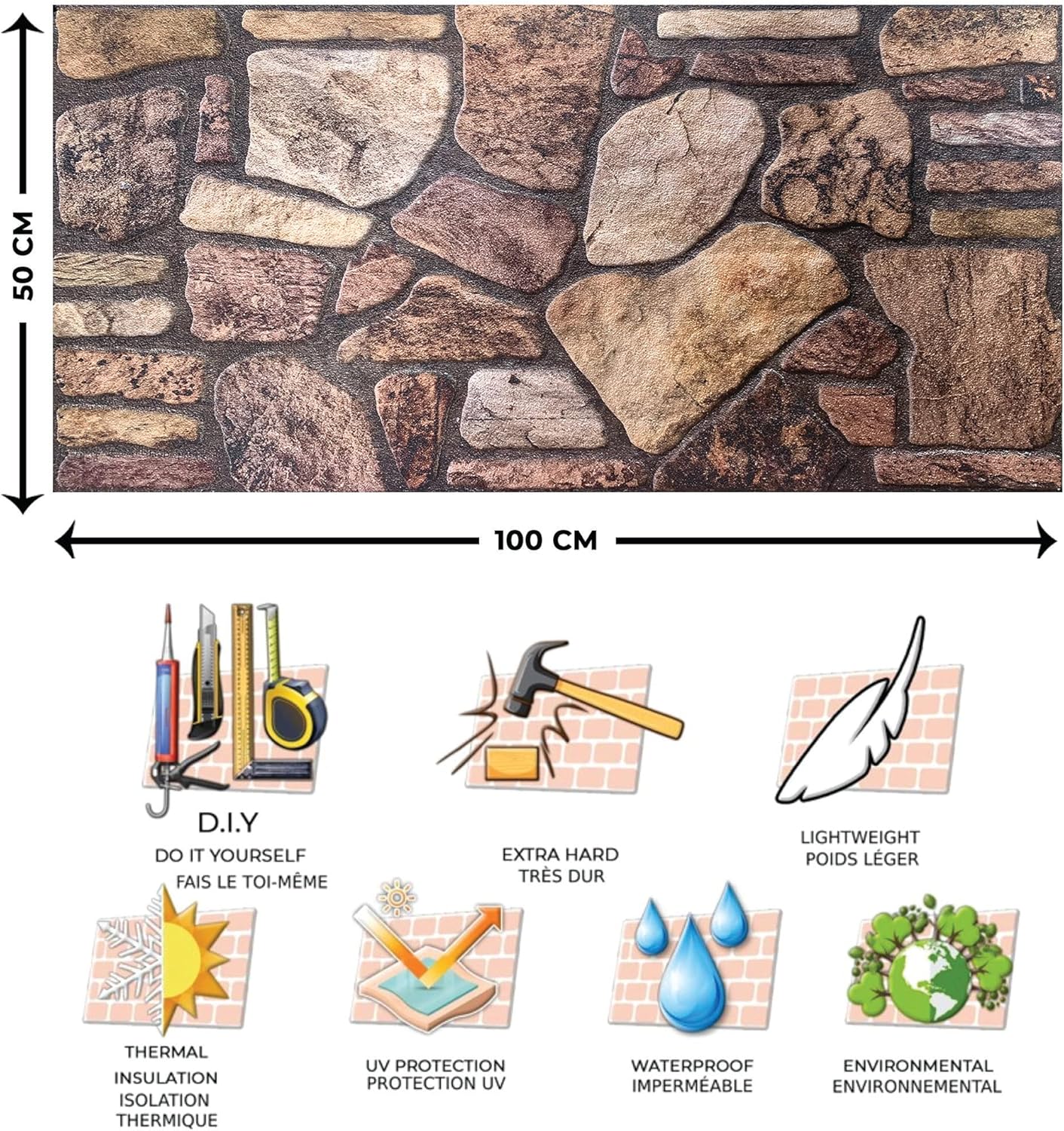 Dundee Deco 3D Wall Panels - Cladding Mahogany Brown Stone Look Wall Paneling, Styrofoam Facing for Interior and Exterior Applications, DIY, Sample, Size 10 x 10 in.