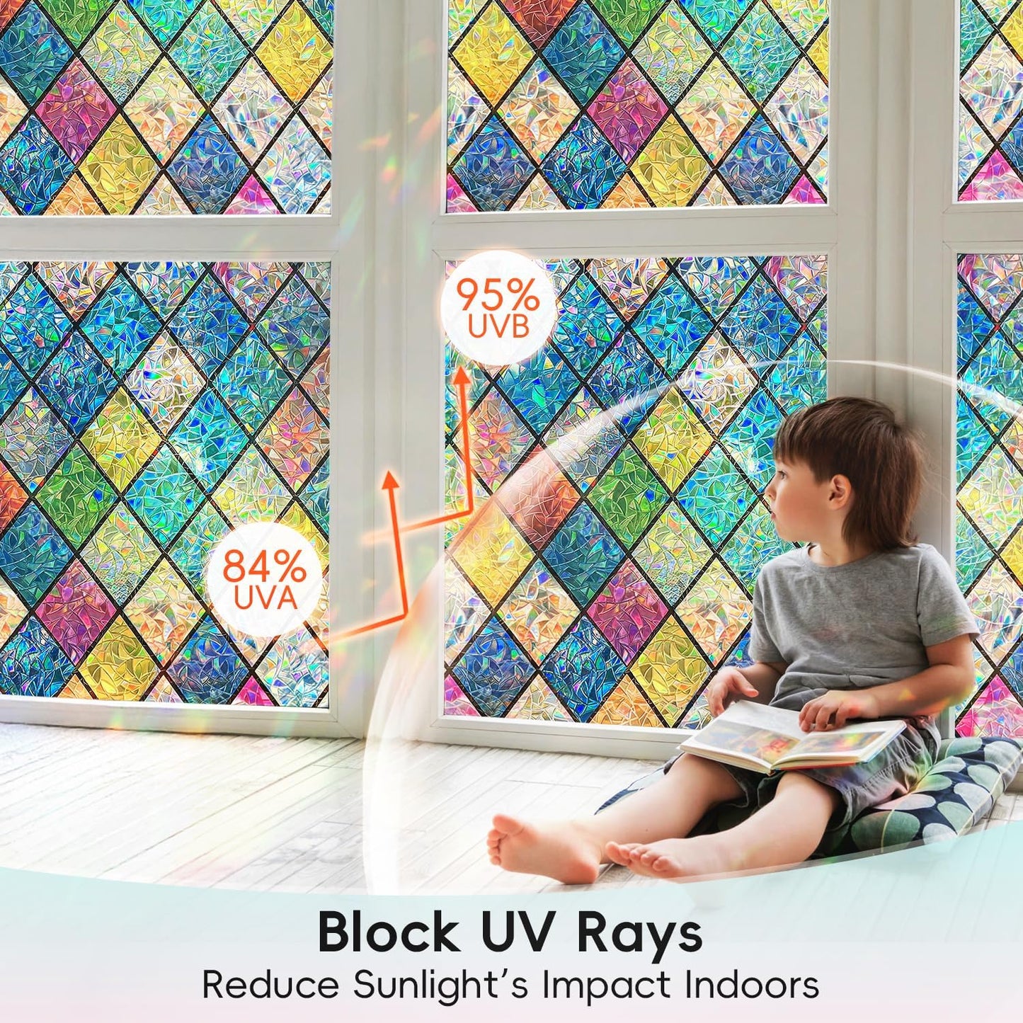 DUOFIRE Stained Glass Window Film Decorative Window Privacy Film Rainbow Diamond Grid Colorful Lattice Windows Cling Anti UV Static Cling Reusable Windows Decal for Home 11.8×39.3 inch