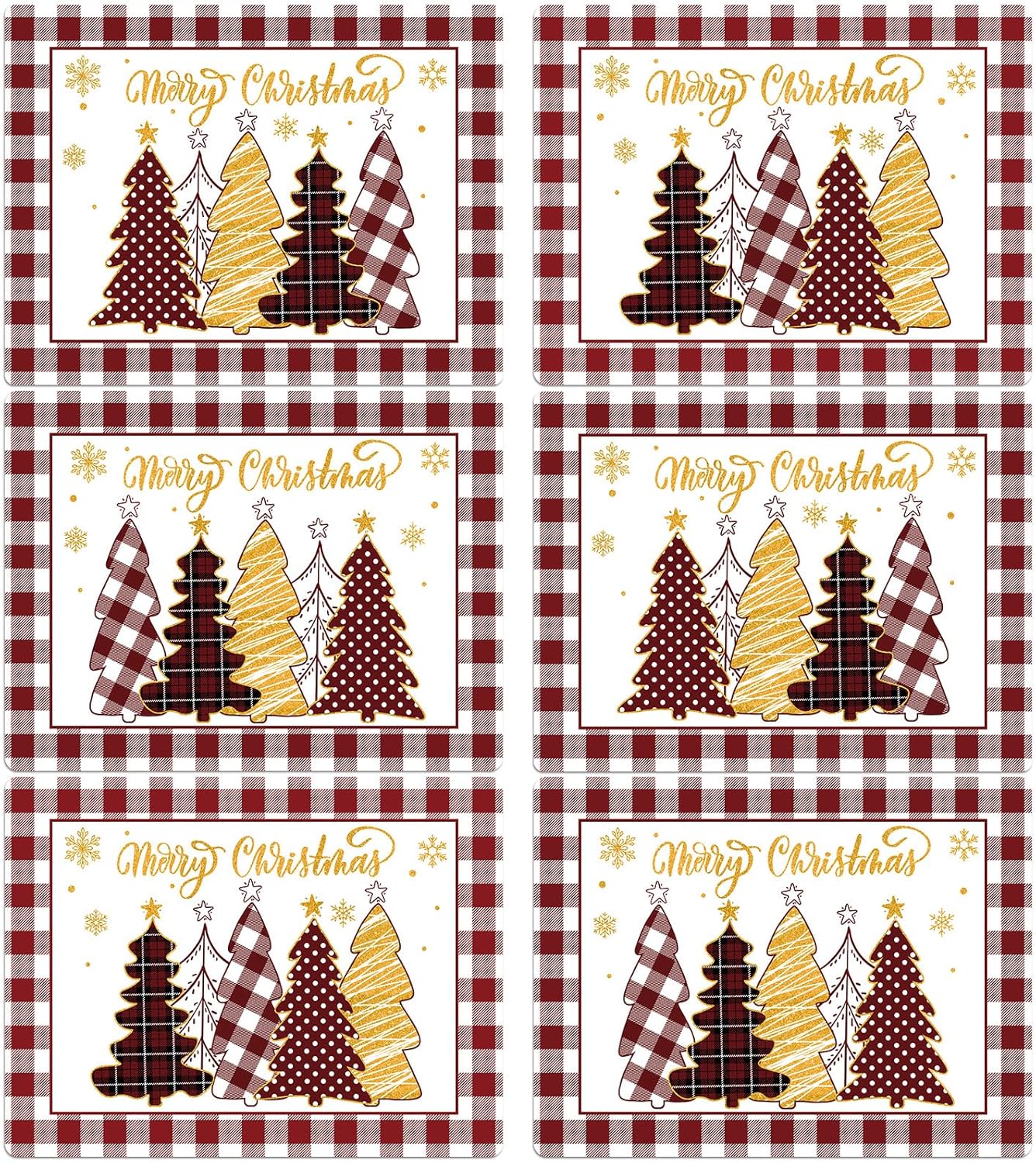 Winter Christmas Placemats Set of 6 Merry Christmas Watercolor Buffalo Plaid Plastic Table Mats Red Gold Xmas Trees Place Mat Holiday Table Decoration for Indoor Outdoor Party Kitchen Dining