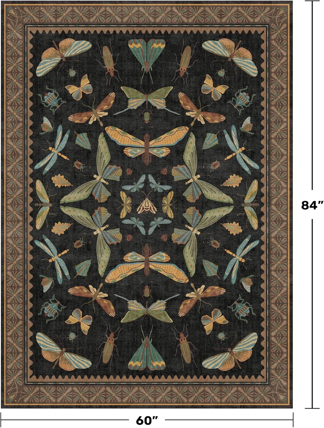 Washable 5x7 Black Rug for Living Room - Foyer Rugs for Entryway, Bedroom, Home Office, Gothic Witchy Insect Bug Floral Retro Indoor Décor