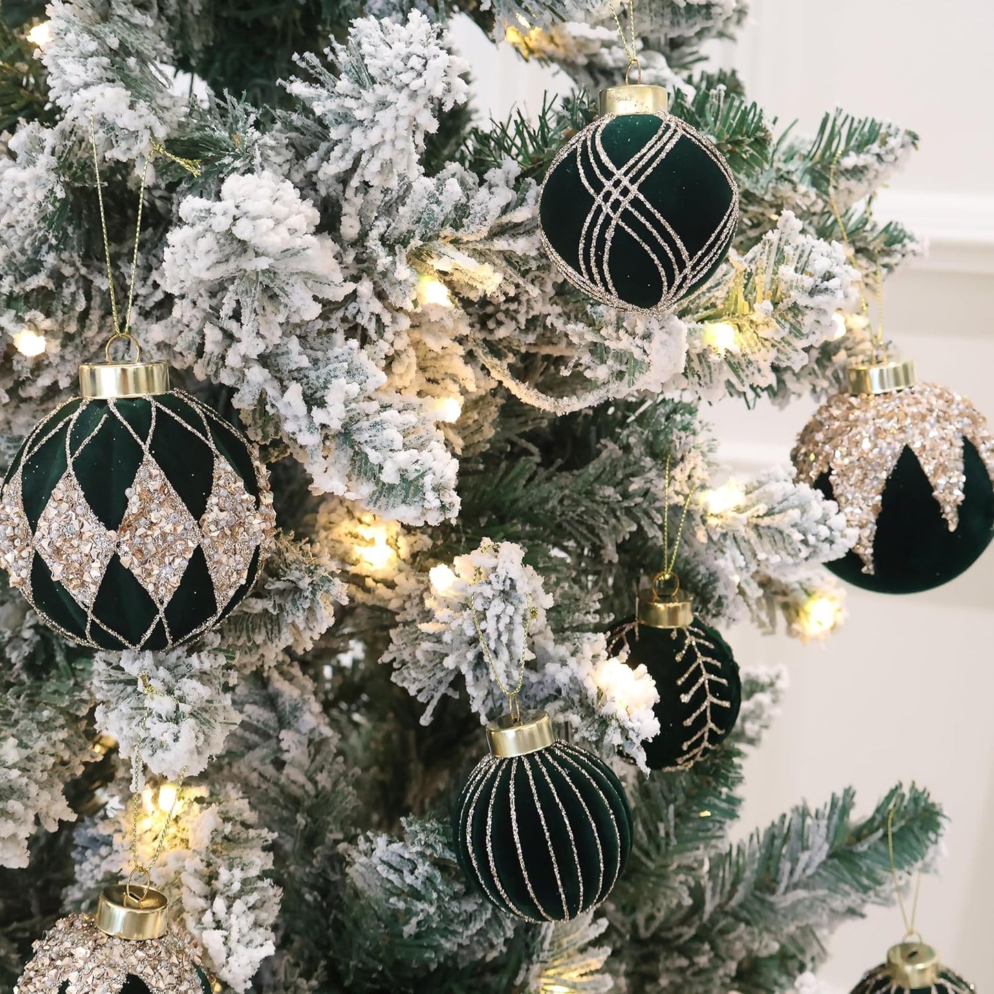 3.15INCH Green Velvet Ornaments for Christmas Tree, 12PCS Glitter Flocked Christmas Ornaments Decorations Balls Set Decor