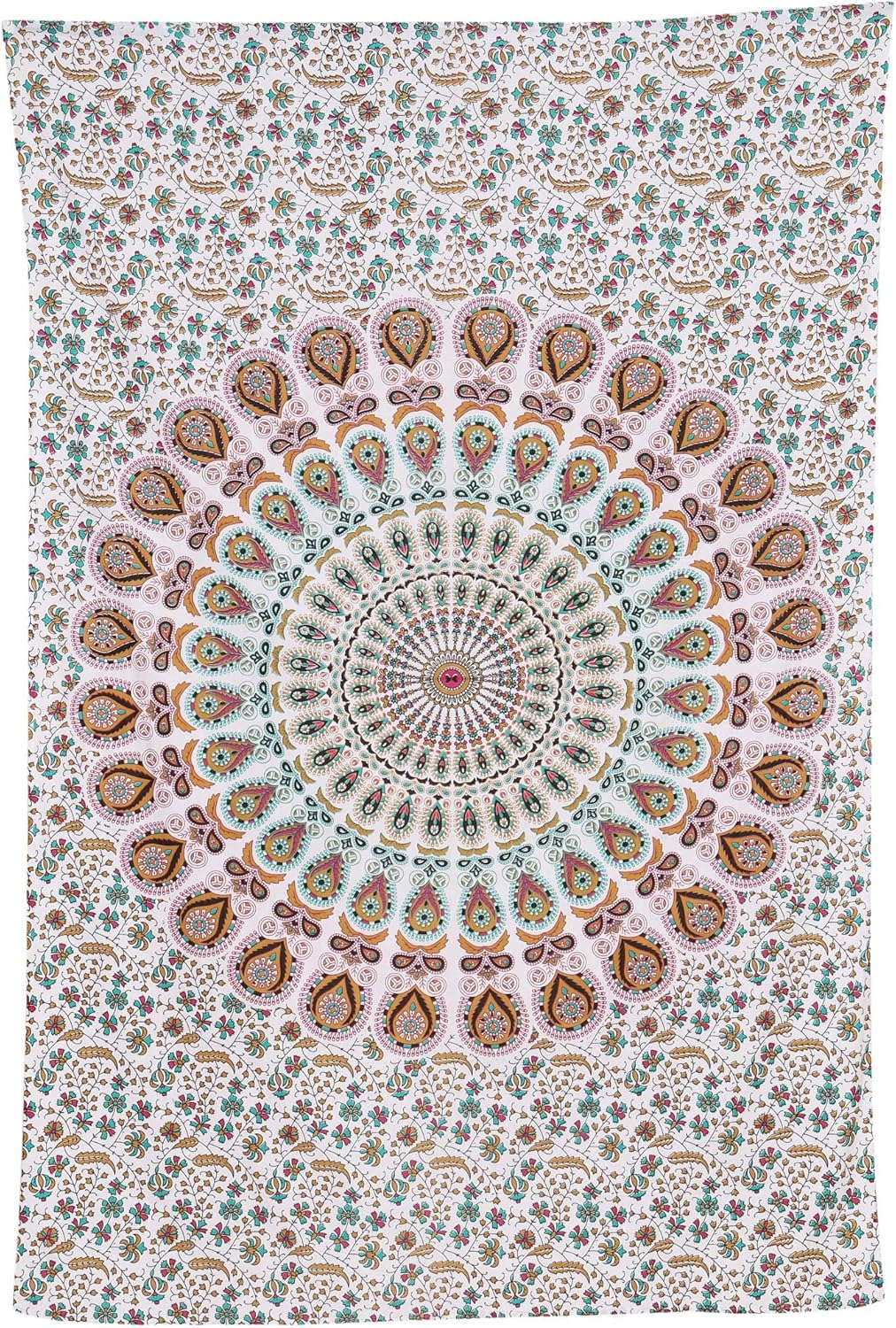 Bless International Handmade Indian hippie Bohemian Psychedelic Peacock Mandala Wall hanging College Dorm Beach Throws Table Cloth Bedding Tapestry (Floral Gold, Twin(54x72Inches)(140x185cms))