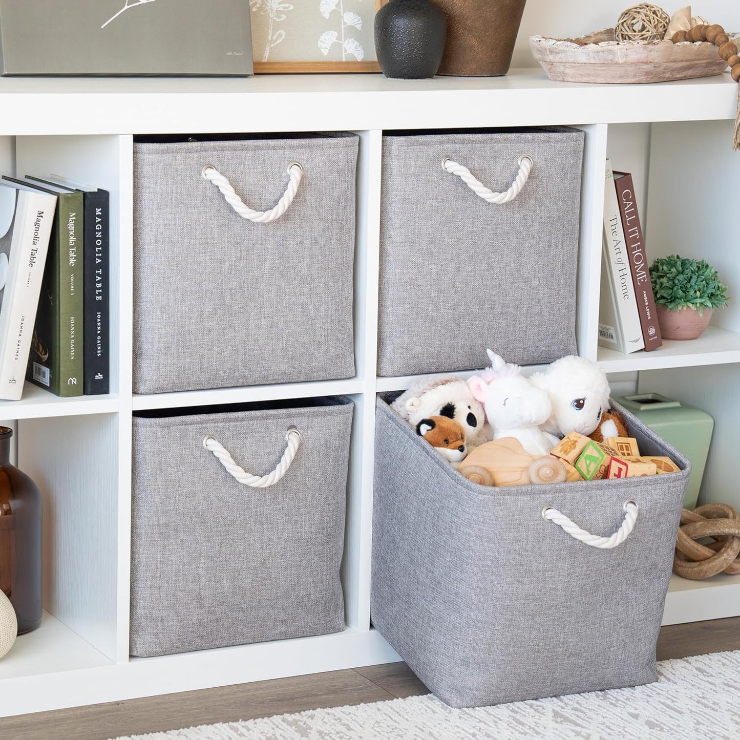 OrganiHaus 13x13 Cube Storage Bins 4 Pack, Foldable Cube Storage Organizer w/ Rope Handles, Collapsible Fabric Bins for Toys, Clothes & Closet Organization, Fabric Square Baskets - Gray