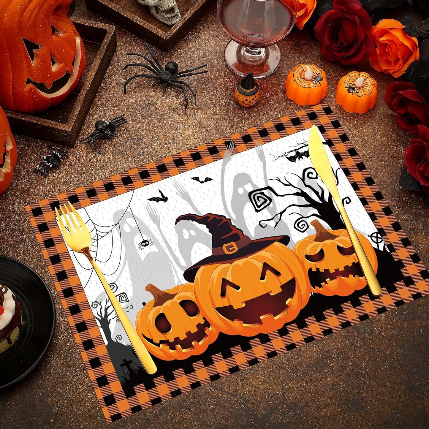 Honoson 100 Pieces Halloween Placemats Happy Halloween Fall Pumpkin Placemats Paper Halloween Place Mats Spooky Ghost Buffalo Plaid Kitchen Mat Double Sided Dinner Table Mats, 14 x 10 Inch