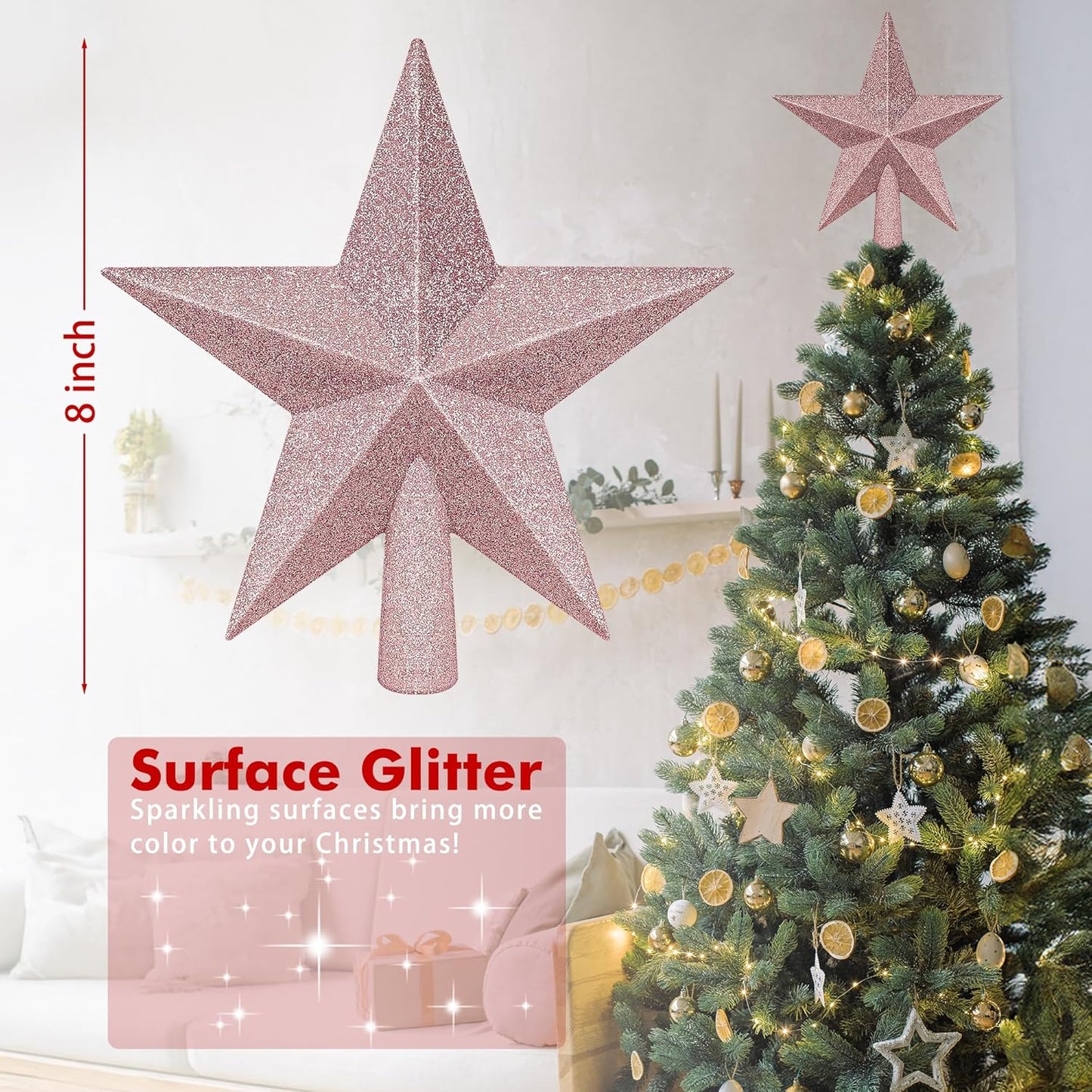 Tree Topper Star, 8" Rose Gold Christmas Star Tree Topper Accessories, Xmas Glitter 3D Bethlehem Tree Topper Ornament, Waterproof Holiday Christmas Tree Topper Star Decor for Home Indoor Outdoor