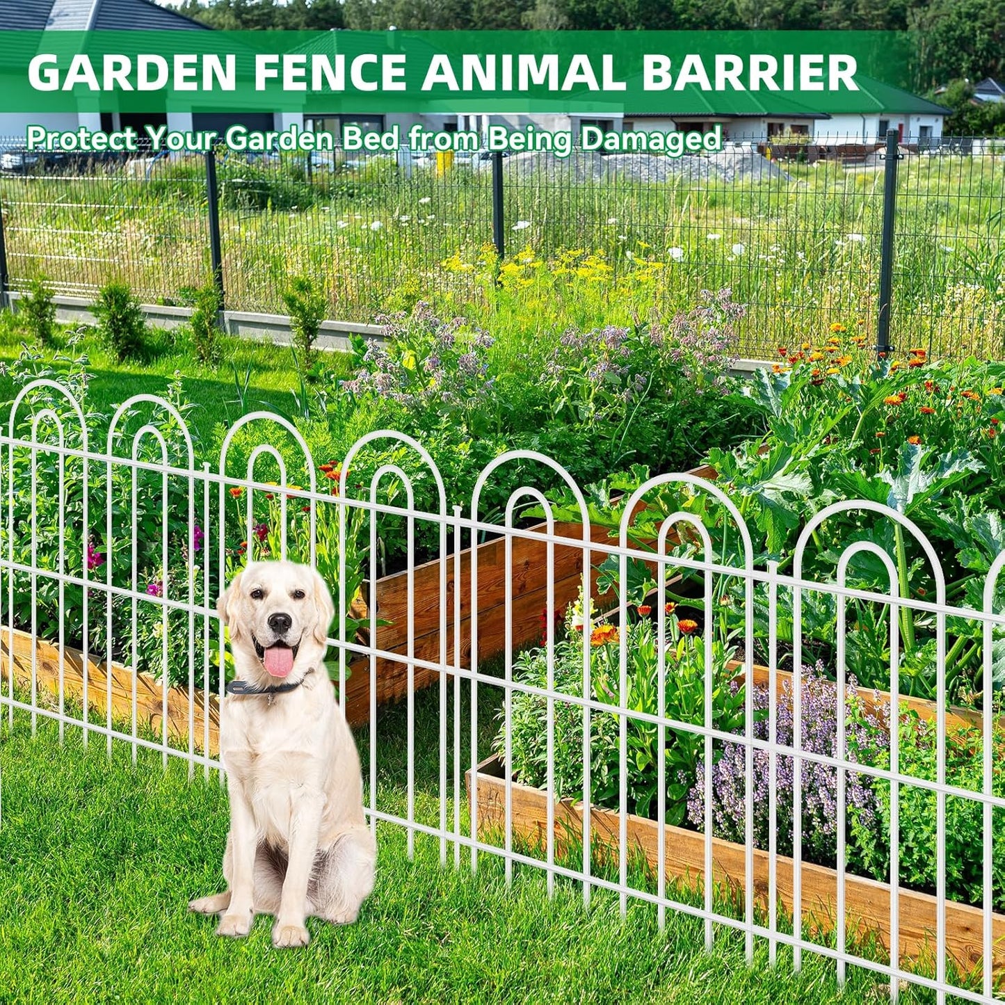 25 Panels Decorative Garden Fence, 32 in(H) X 50 ft(L) No Dig Dog Fence Outdoor for Yard, Rustproof Tall Metal Garden Fencing Animal Barrier with Ground Stakes, Temporary Fencing for Patio, White