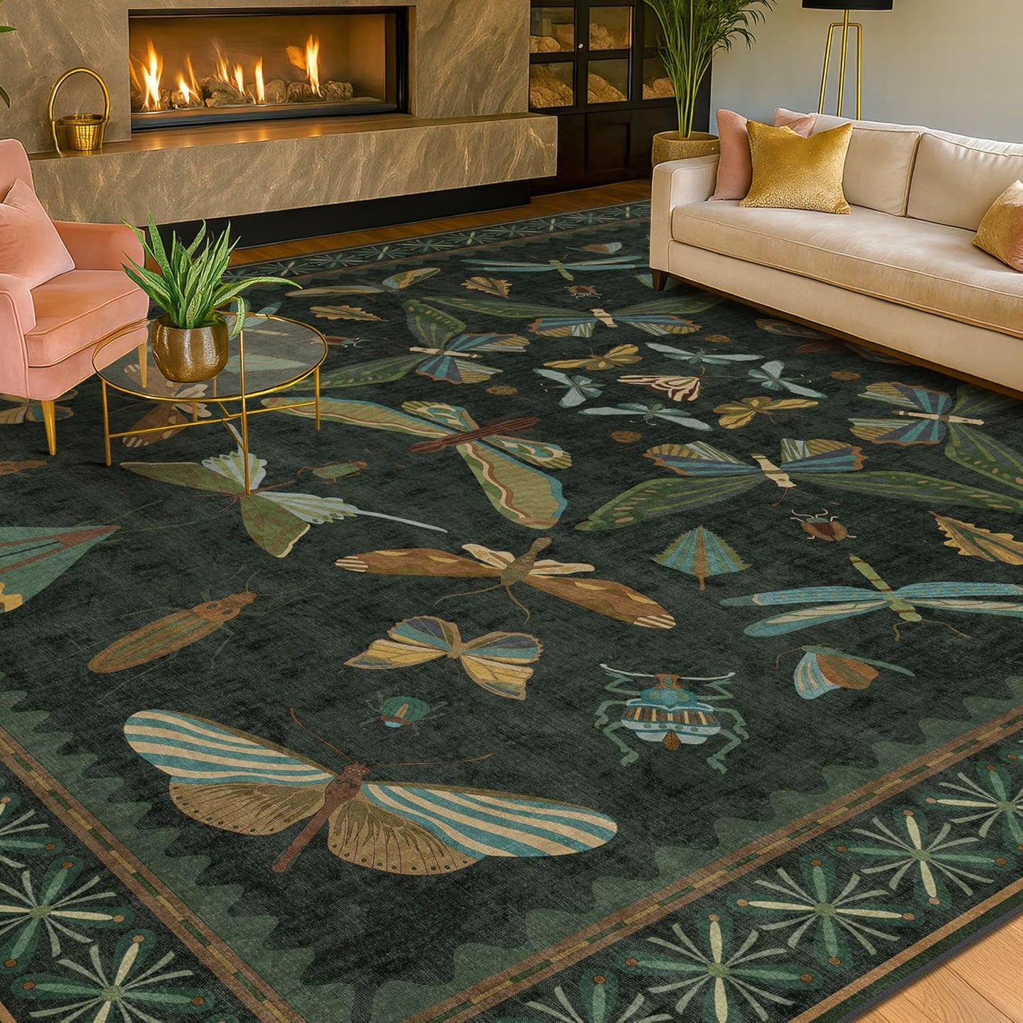 Dark Green Bug Area Rugs 8x10 for Living Room, Dining Room Under Table, Bedroom, Unique Washable Floral Non Slip Floor Insect Carpet with Butterfly, Bee, Moth, Dragonfly